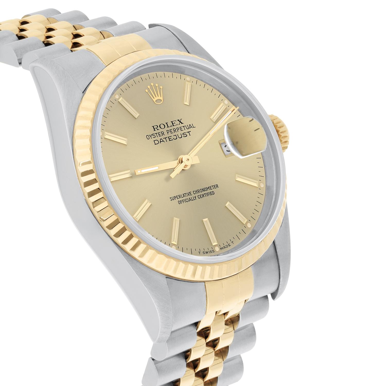 Women's or Men's Rolex Datejust 36mm Two Tone Champagne Index Dial Jubilee 16233 Circa 1995 For Sale