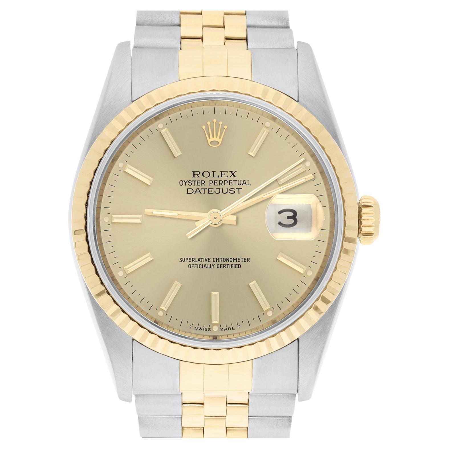 Rolex Datejust 36mm Two Tone Champagne Index Dial Jubilee 16233 Circa 1995 For Sale