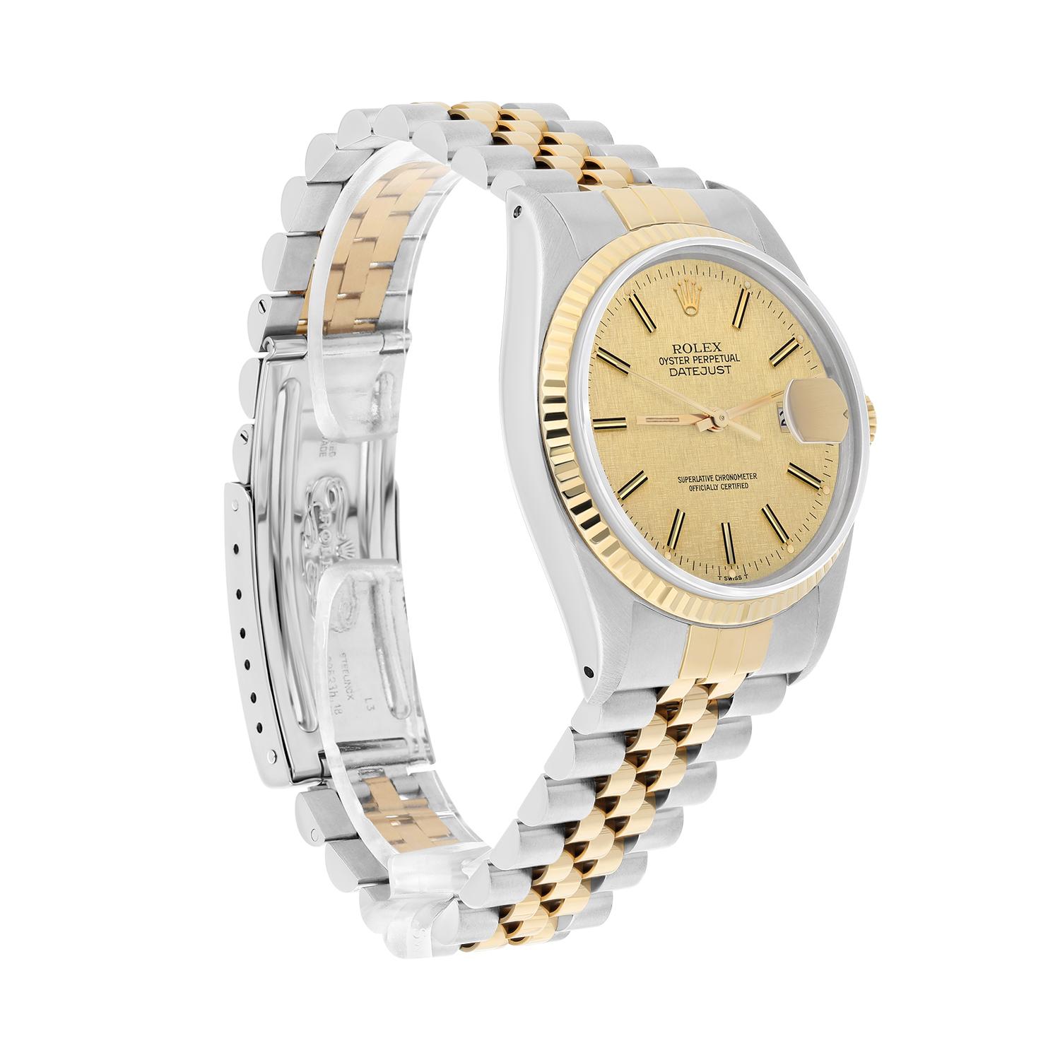 Modern Rolex Datejust 36mm Two Tone Champagne Linen Dial Jubilee 16013 Circa 1986 For Sale