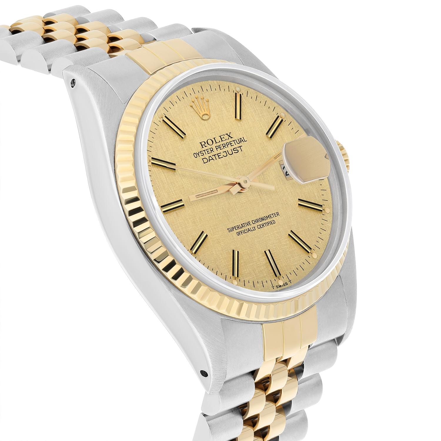 Rolex Datejust 36mm Two Tone Champagne Linen Dial Jubilee 16013 Circa 1986 In Excellent Condition For Sale In New York, NY