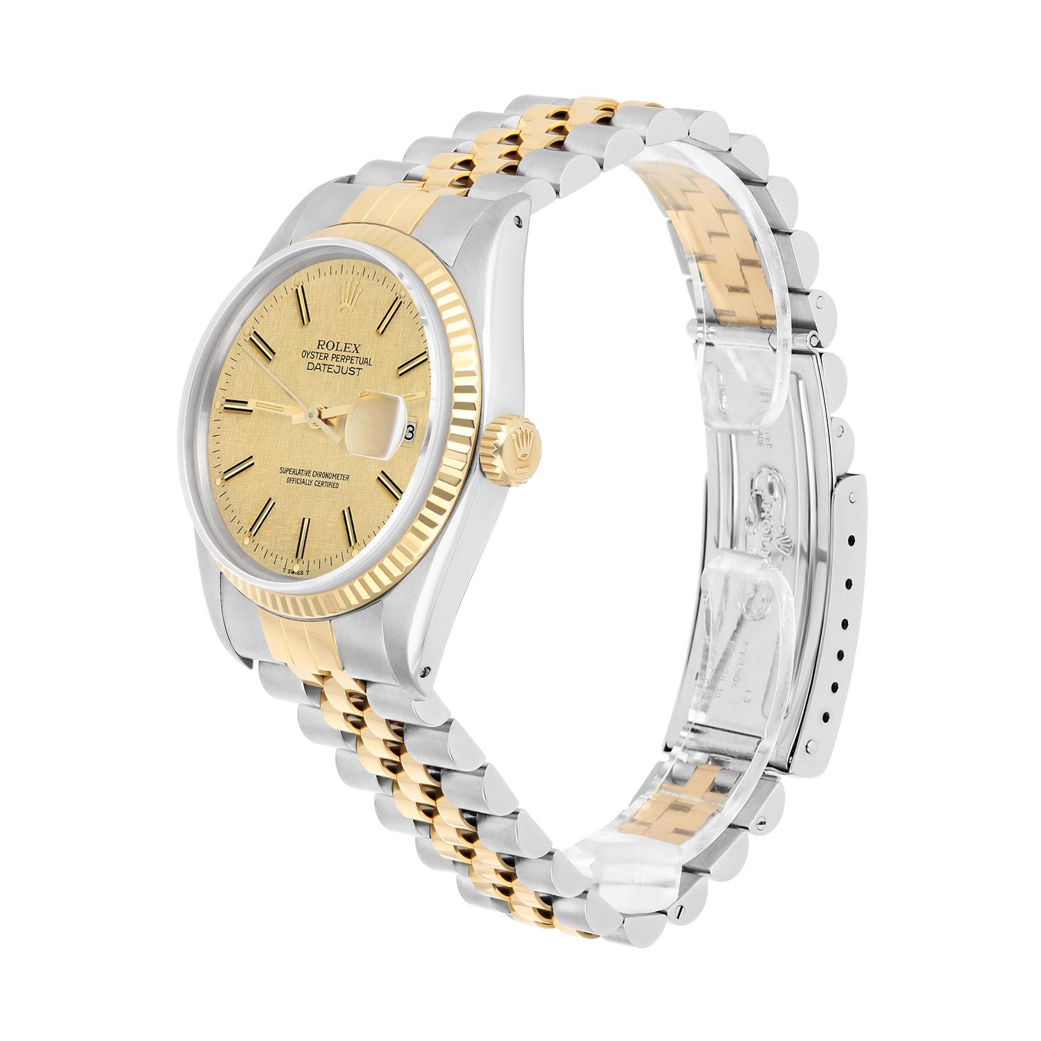 Women's or Men's Rolex Datejust 36mm Two Tone Champagne Linen Dial Jubilee 16013 Circa 1986 For Sale