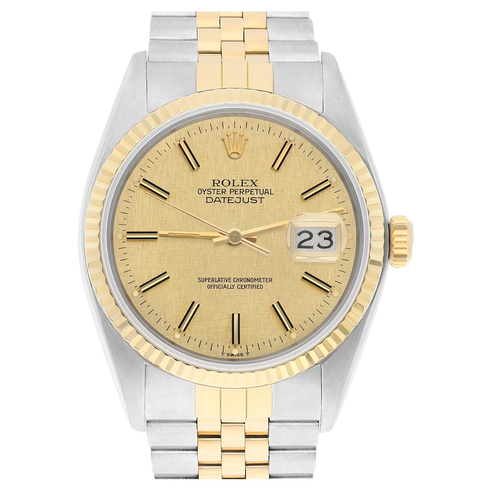Rolex Datejust 36mm Two Tone Champagne Linen Dial Jubilee 16013 Circa 1986 For Sale