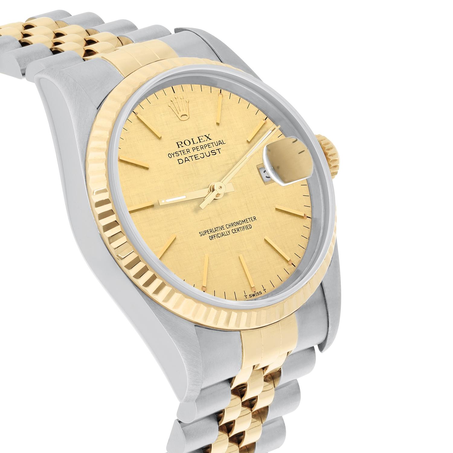 Women's or Men's Rolex Datejust 36mm Two Tone Champagne Linen Dial Jubilee 16233 Circa 1997 For Sale