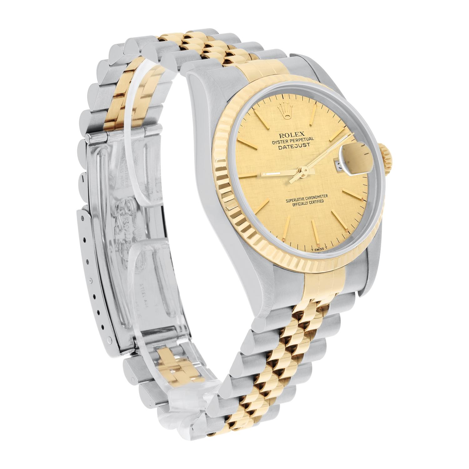 Rolex Datejust 36mm Two Tone Champagne Linen Dial Jubilee 16233 Circa 1997 For Sale 1