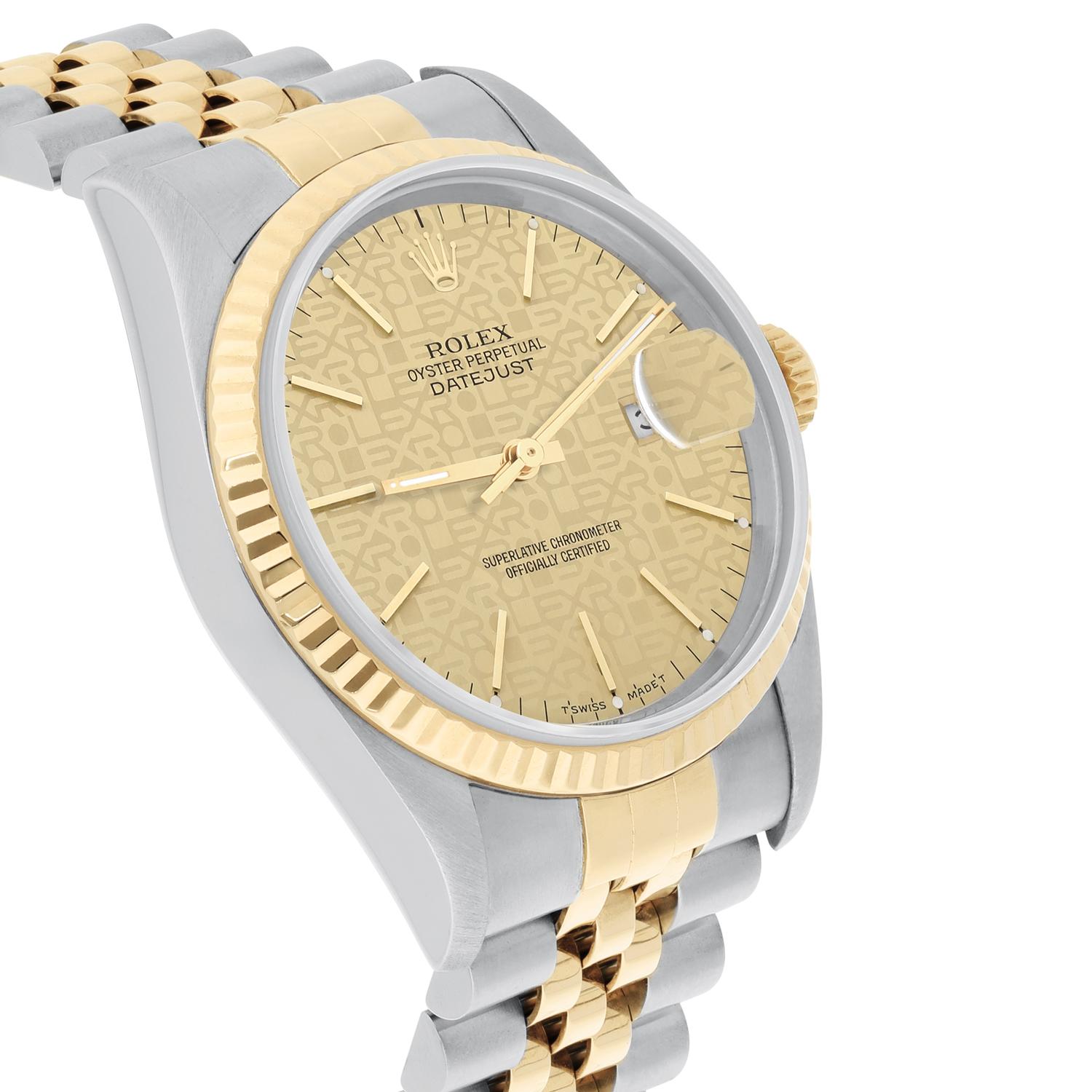 Women's or Men's Rolex Datejust 36mm Two Tone Champagne Logo Dial Jubilee 16233 Circa 1996