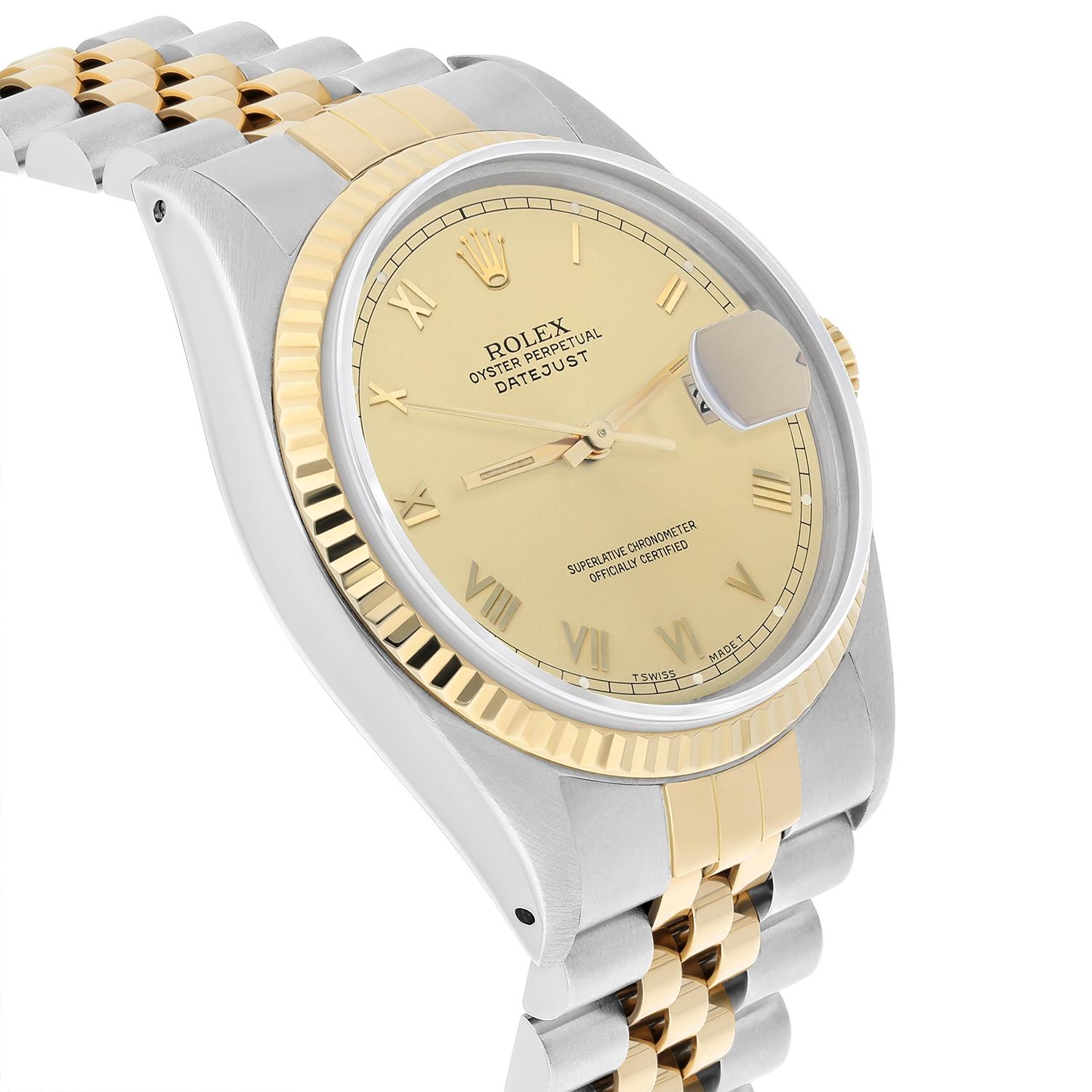 Women's or Men's Rolex Datejust 36mm Two Tone Champagne Roman Dial Jubilee 16233 Circa 1991 For Sale