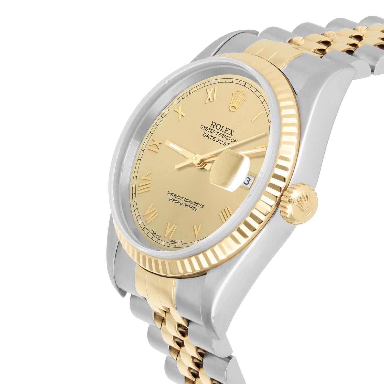 Modern Rolex Datejust 36mm Two Tone Champagne Roman Dial Jubilee 16233 Circa 1995 For Sale