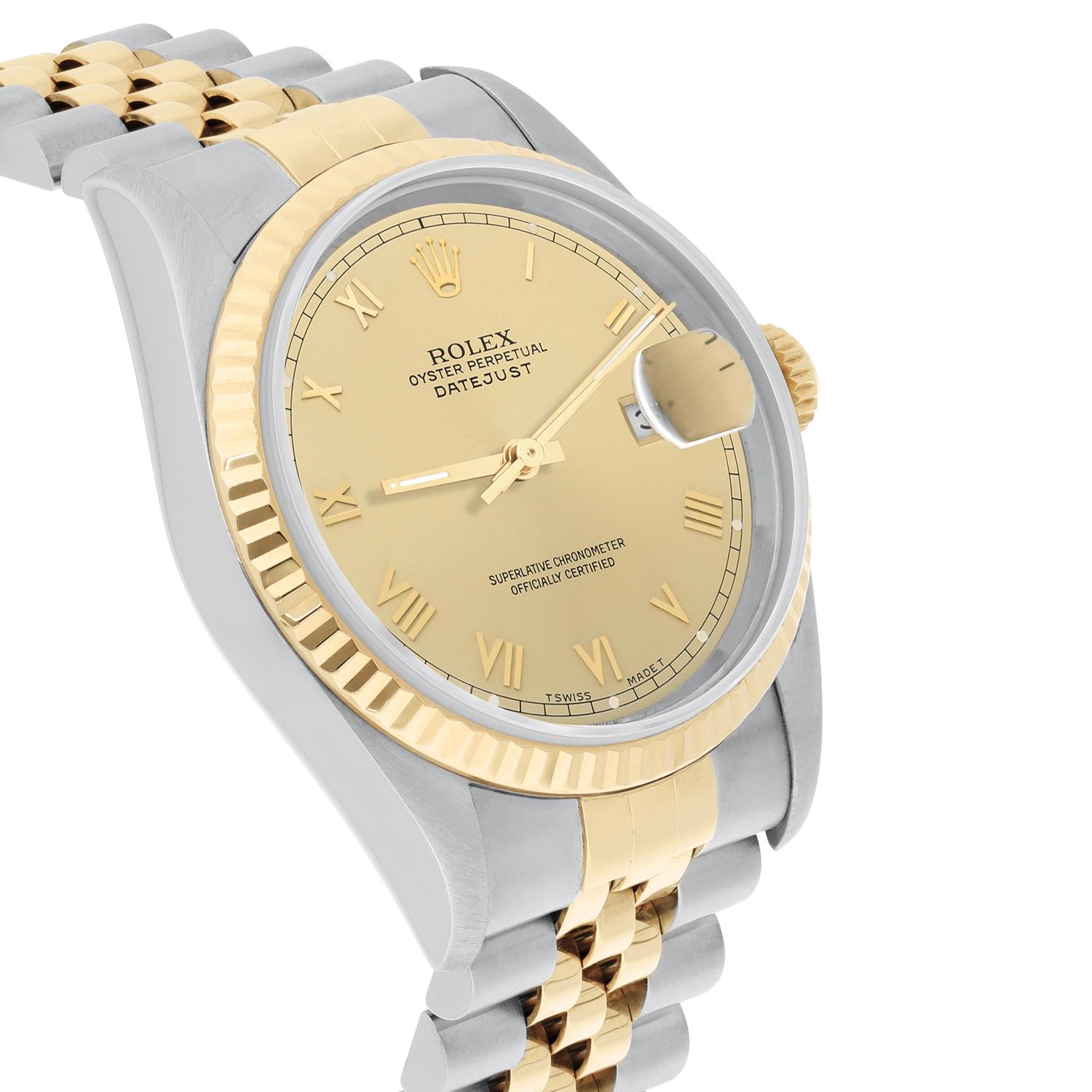 Women's or Men's Rolex Datejust 36mm Two Tone Champagne Roman Dial Jubilee 16233 Circa 1995 For Sale