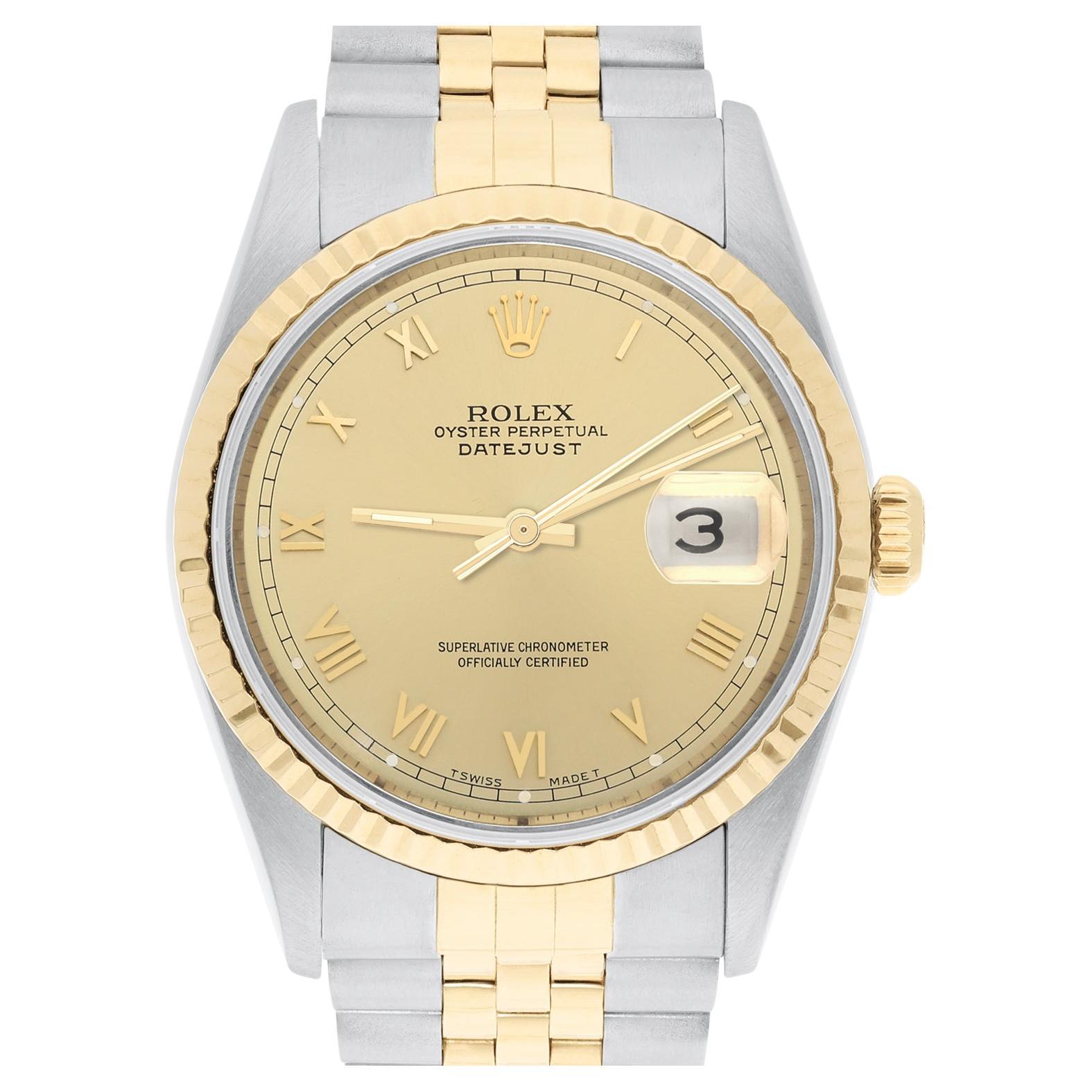 Rolex Datejust 36mm Two Tone Champagne Roman Dial Jubilee 16233 Circa 1995 For Sale