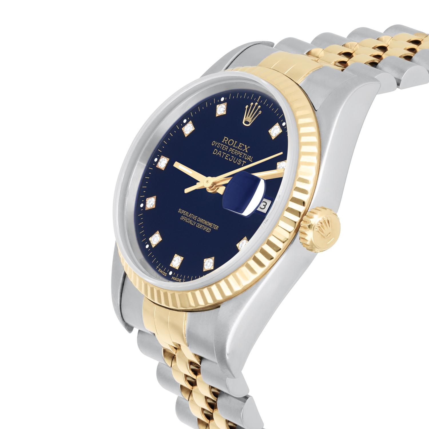 Rolex Datejust 36mm Two Tone Dark Blue Diamond Dial Jubilee 16233 Circa 1993 In Excellent Condition For Sale In New York, NY