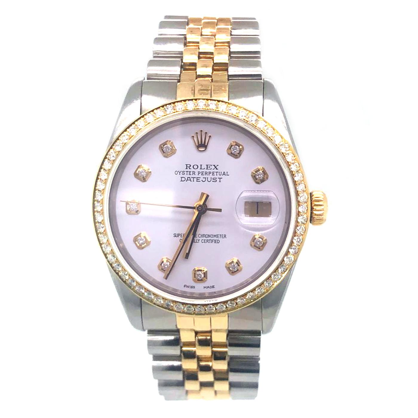 Gender: Men
Case Size: 36mm
Case: Stainless Steel Oyster Case.
Total Diamonds: Approx. 1.65 carat F VS1 Diamonds.
Movement: Fully Automatic Movement Winds Itself When Worn.
Bracelet: Stainless Steel Yellow Gold Jubilee Bracelet with Folding