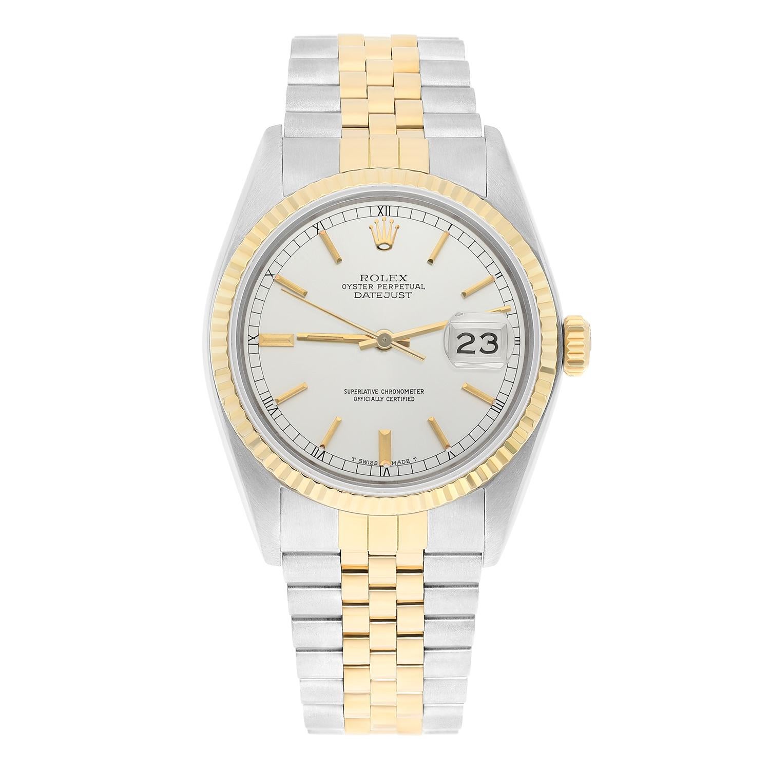This watch has been professionally polished, serviced and is in excellent overall condition. There are absolutely no visible scratches or blemishes. Model features quick-set movement. Authenticity guaranteed! The sale comes with a Rolex box, and our