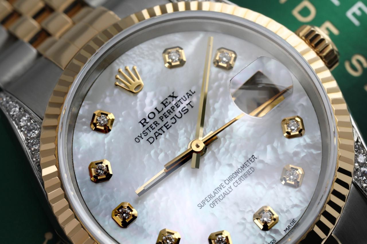 Rolex 36mm Datejust Two Tone Vintage Fluted Bezel With Diamond Lugs White MOP Mother Of Pearl Dial 16013.

This watch is in like new condition. It has been polished, serviced and has no visible scratches or blemishes. All our watches come with a