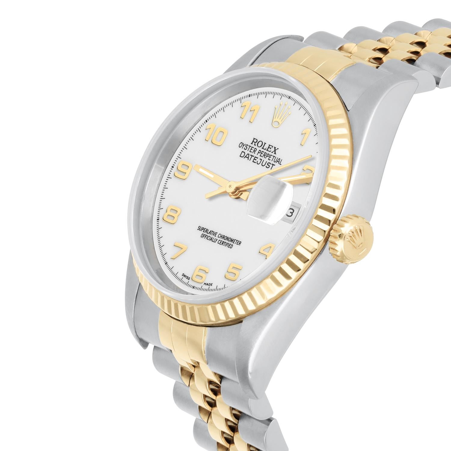 Modern Rolex Datejust 36mm Two Tone White Arabic Dial Jubilee 16233 Circa 2000 For Sale