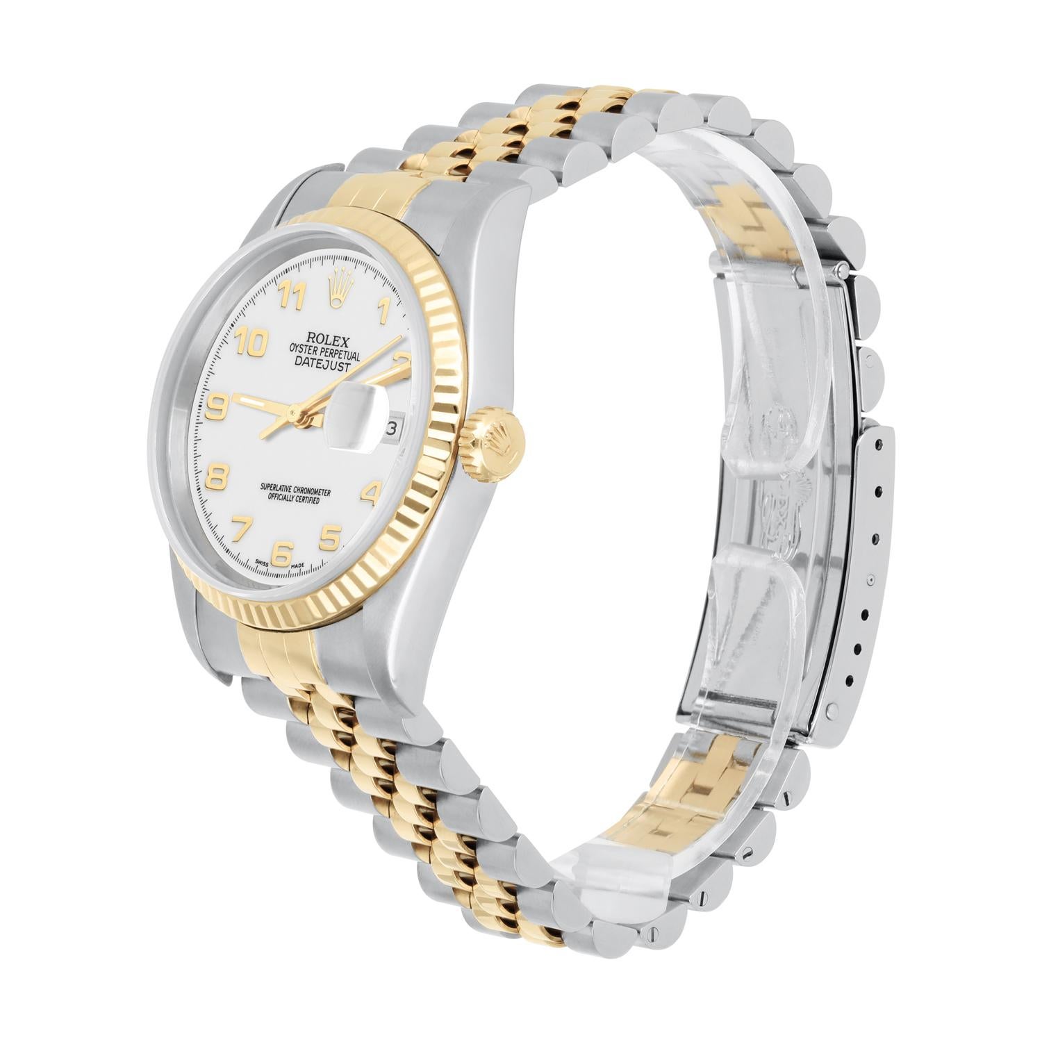 Rolex Datejust 36mm Two Tone White Arabic Dial Jubilee 16233 Circa 2000 In Excellent Condition For Sale In New York, NY