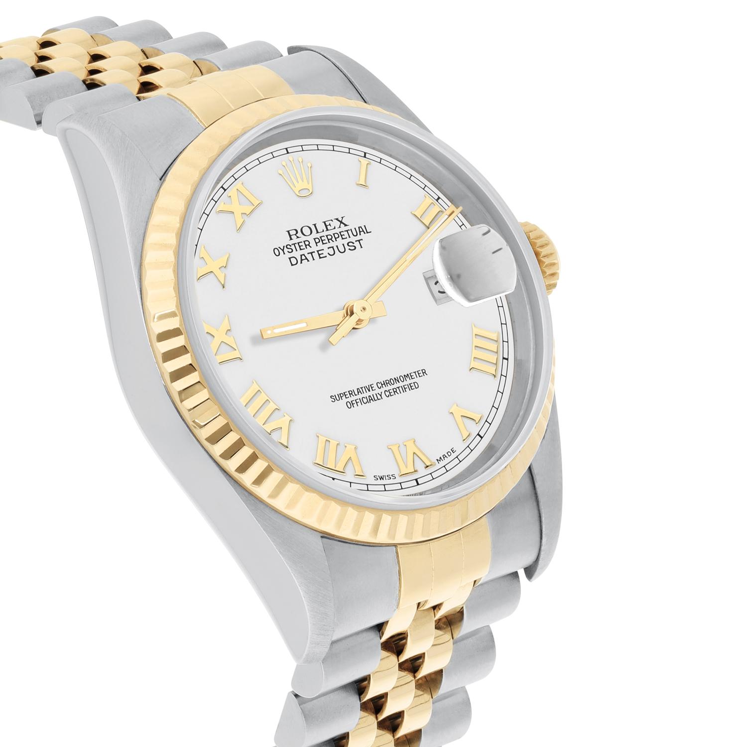 Rolex Datejust 36mm Two Tone White Roman Dial Jubilee 16233 Circa 1997 In Excellent Condition For Sale In New York, NY