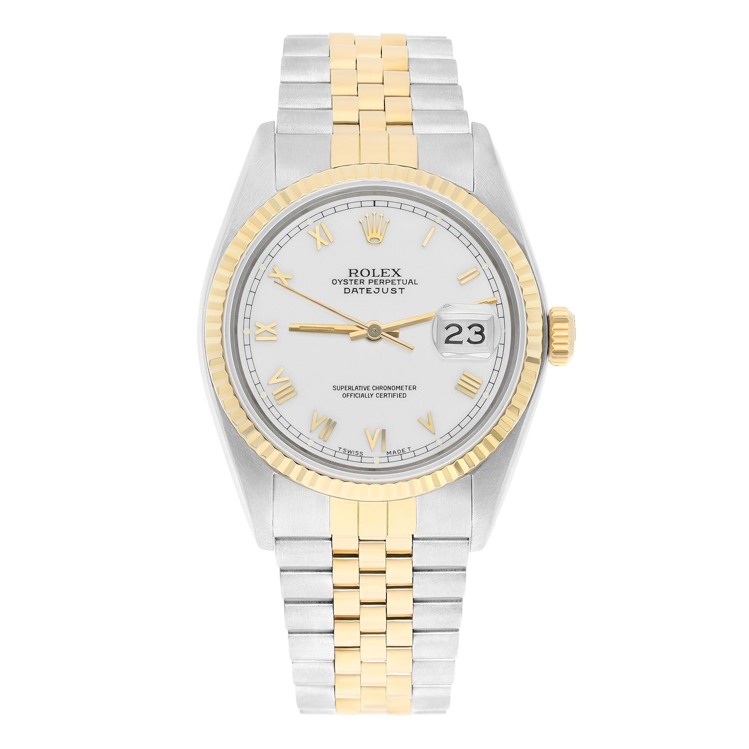 This watch has been professionally polished, serviced and is in excellent overall condition. There are absolutely no visible scratches or blemishes. Model features quick-set movement. Authenticity guaranteed! The sale comes with a Rolex box, and our