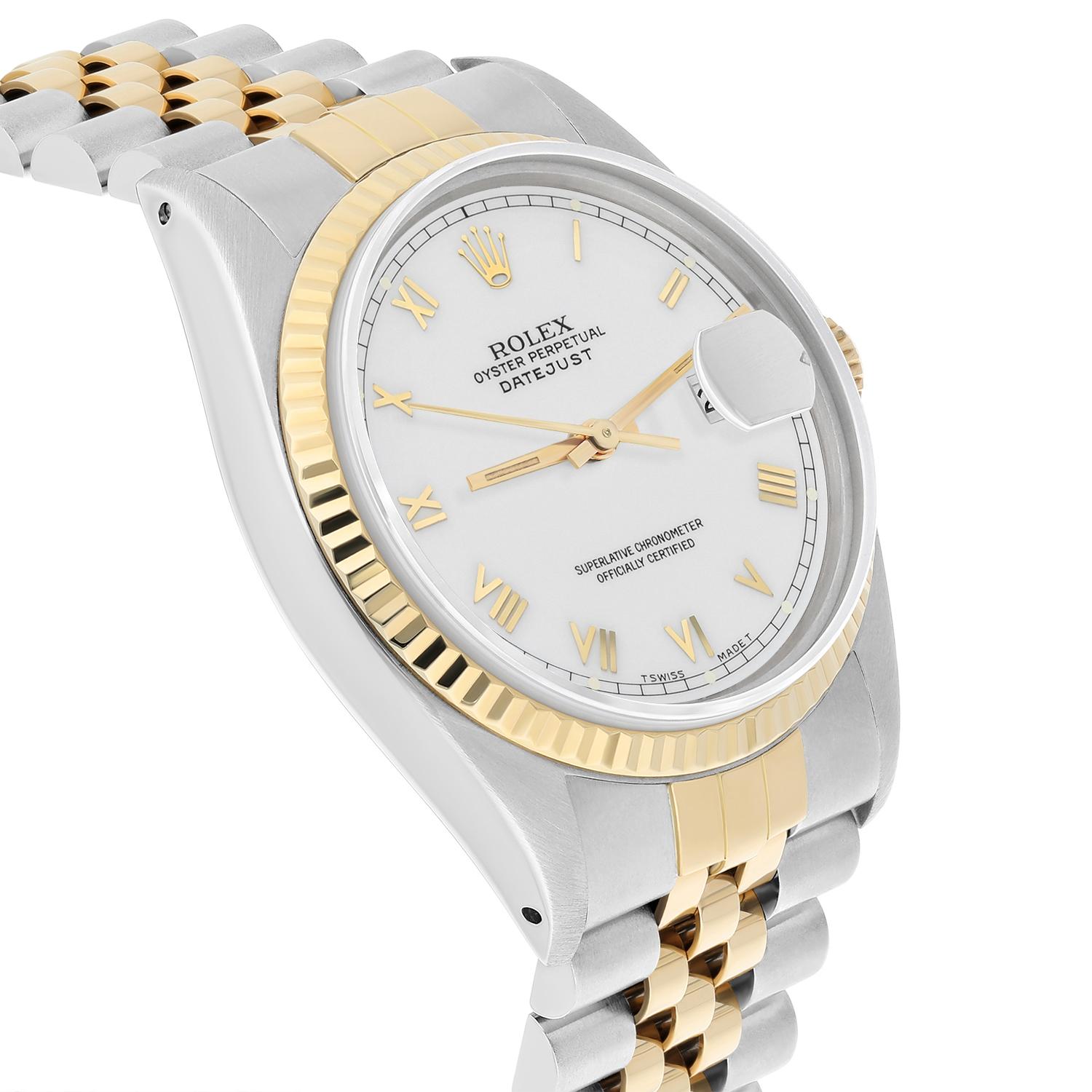 Rolex Datejust 36mm Two Tone White Roman Numeral Dial Jubilee 16013 Circa 1987 In Excellent Condition For Sale In New York, NY