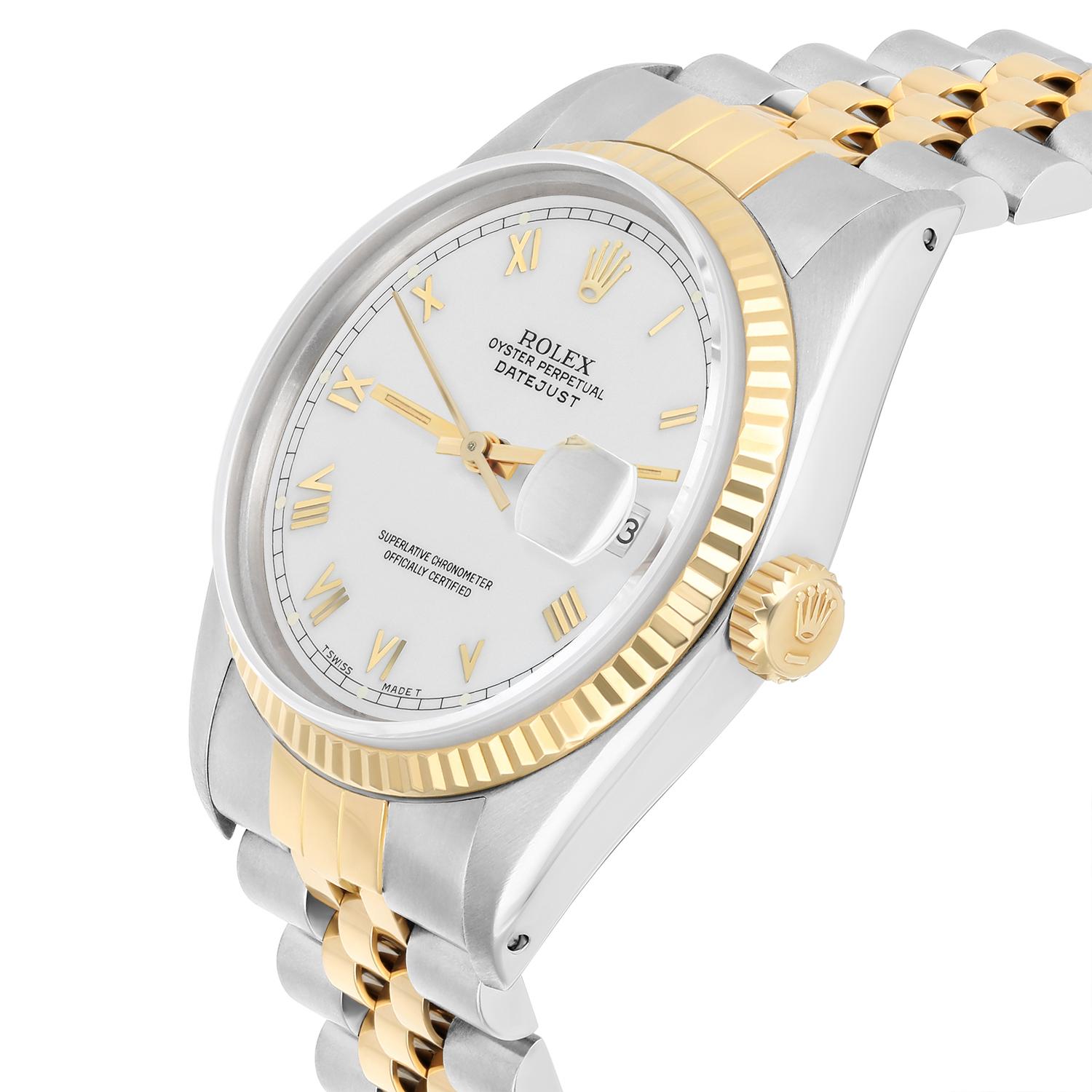 Rolex Datejust 36mm Two Tone White Roman Numeral Dial Jubilee 16013 Circa 1987 In Excellent Condition For Sale In New York, NY