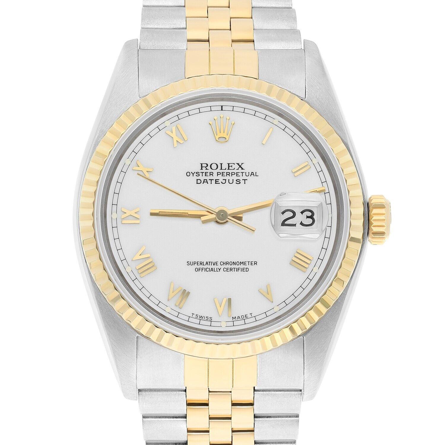 Rolex Datejust 36mm Two Tone White Roman Numeral Dial Jubilee 16233 Circa 1990 For Sale