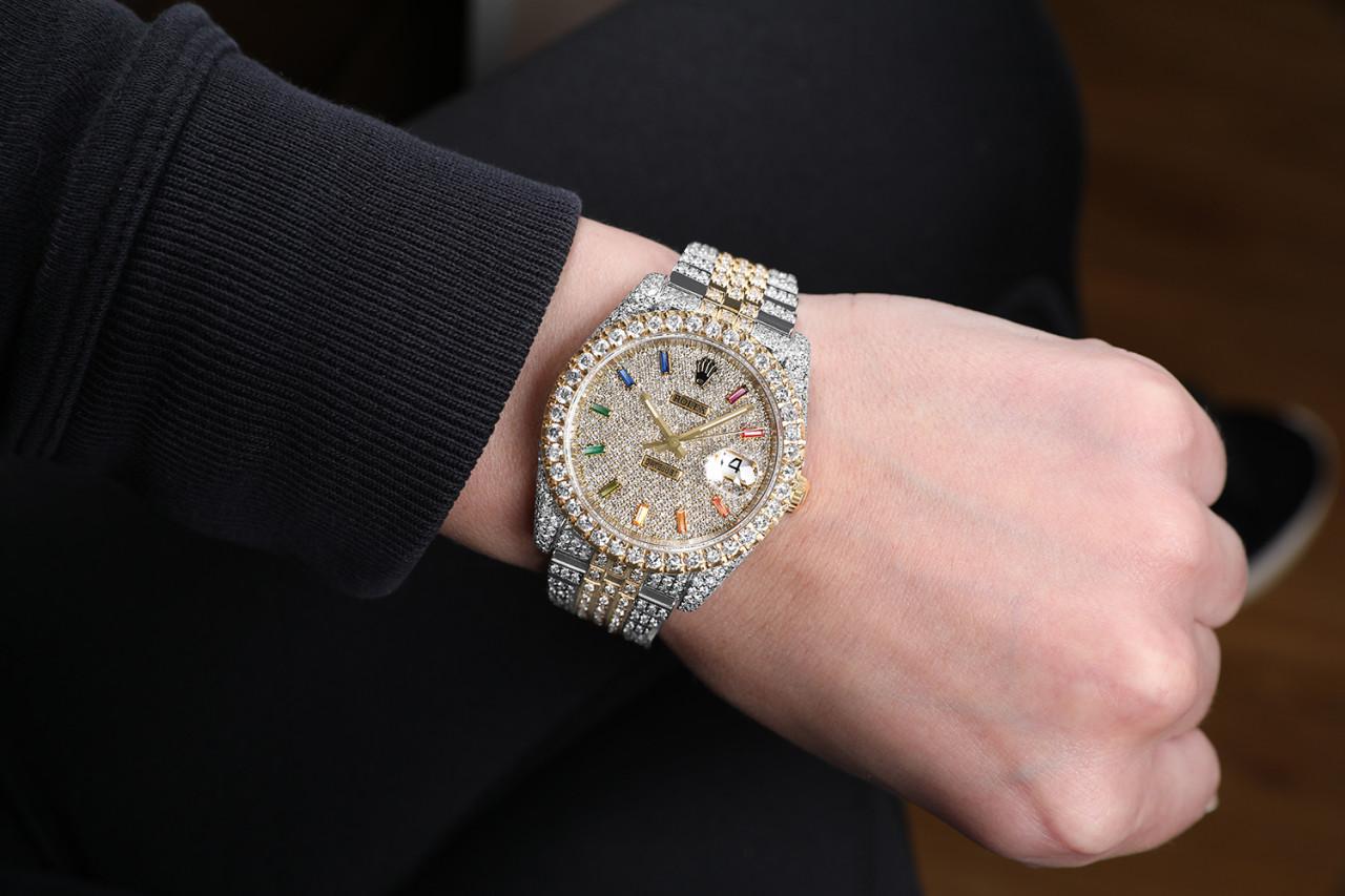 Round Cut Rolex Datejus TwoTone Rainbow Index Pave Diamond Dial Fully Iced Out Watch For Sale