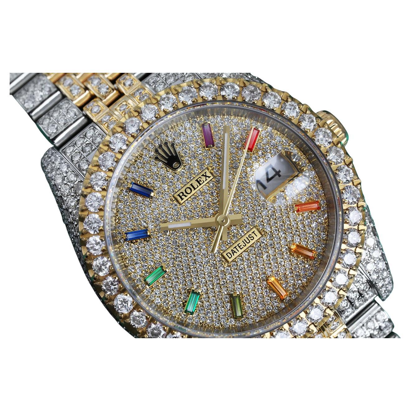 Rolex Montre Datejus bicolore avec index arc-en-ciel pavé de diamants et cadran entièrement délavé