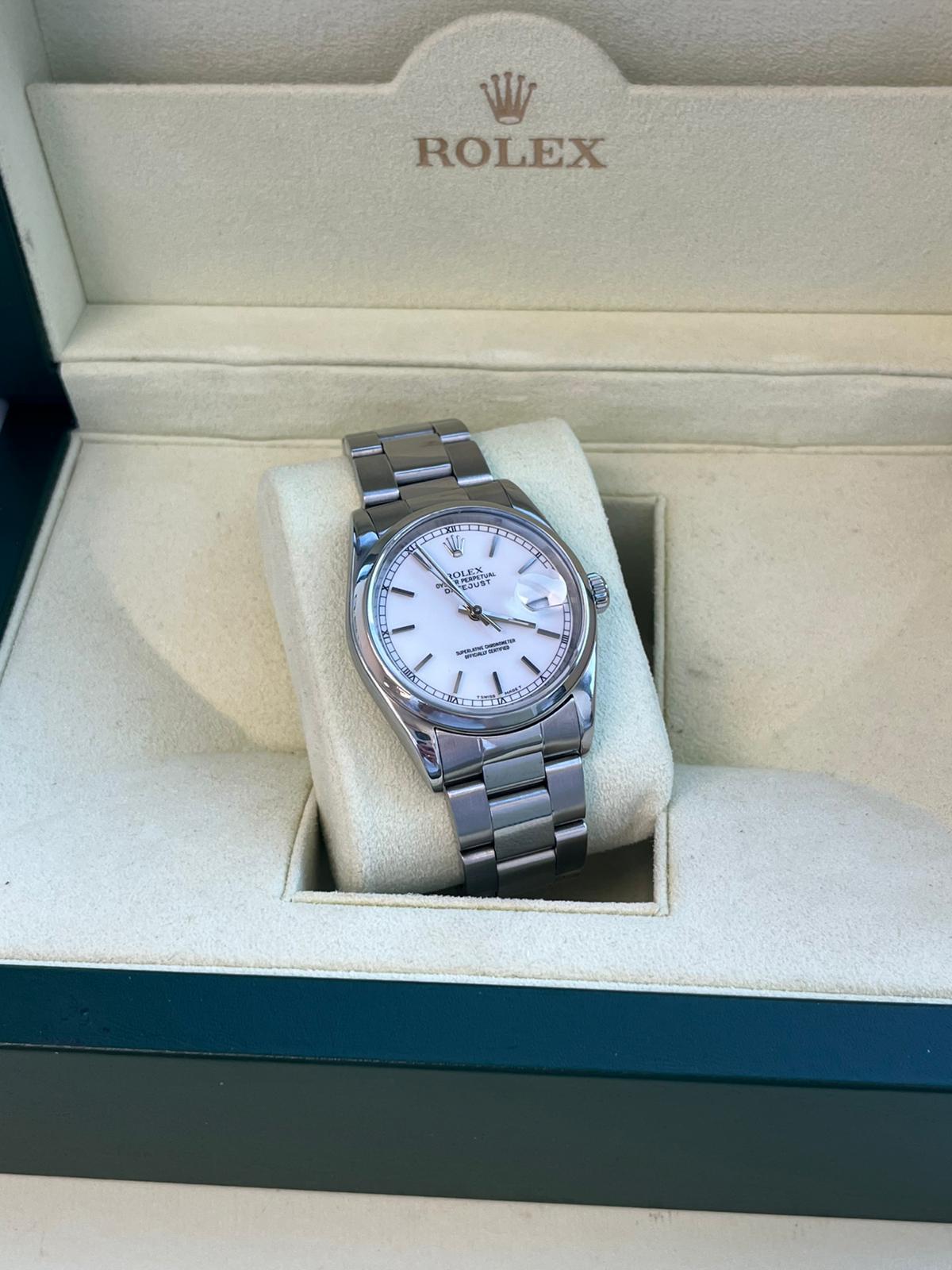 Rolex Datejust 36 mm Weißes Zifferblatt Edelstahl Automatik-Austernuhr 16200 im Zustand „Gut“ im Angebot in Aventura, FL