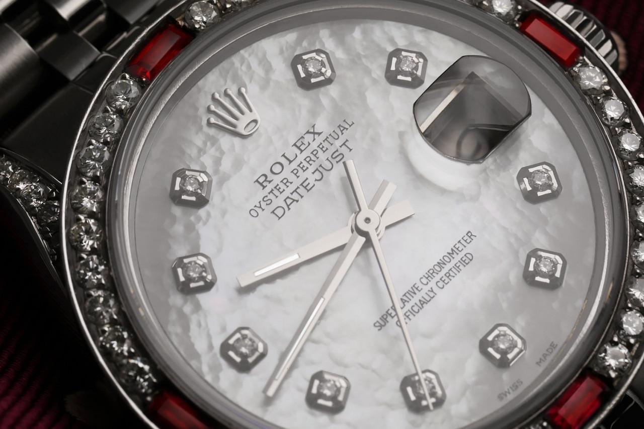 Rolex Datejust 36mm White MOP Dial Diamond Numbers with Ruby & Diamond Bezel In Excellent Condition For Sale In New York, NY