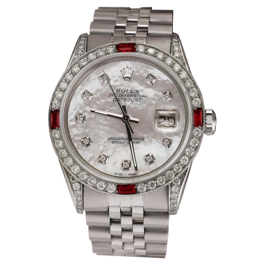 Rolex Datejust 36 mm Quadrante bianco MOP Numeri di diamante con lunetta di rubini e diamanti