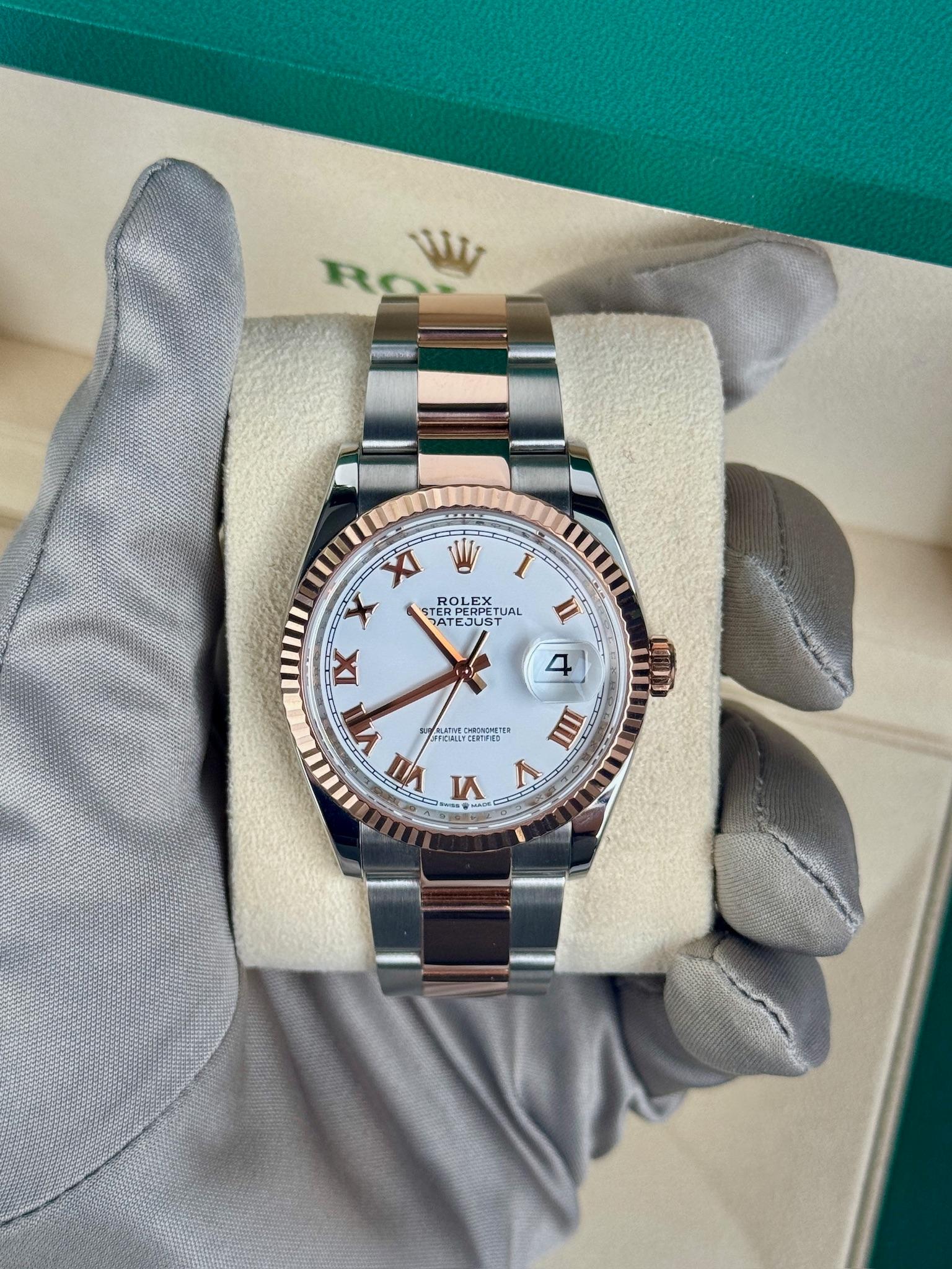 Contemporary Rolex Datejust 36mm White Roman Dial Fluted RG/SS Oyster Date:2018 Style:126231