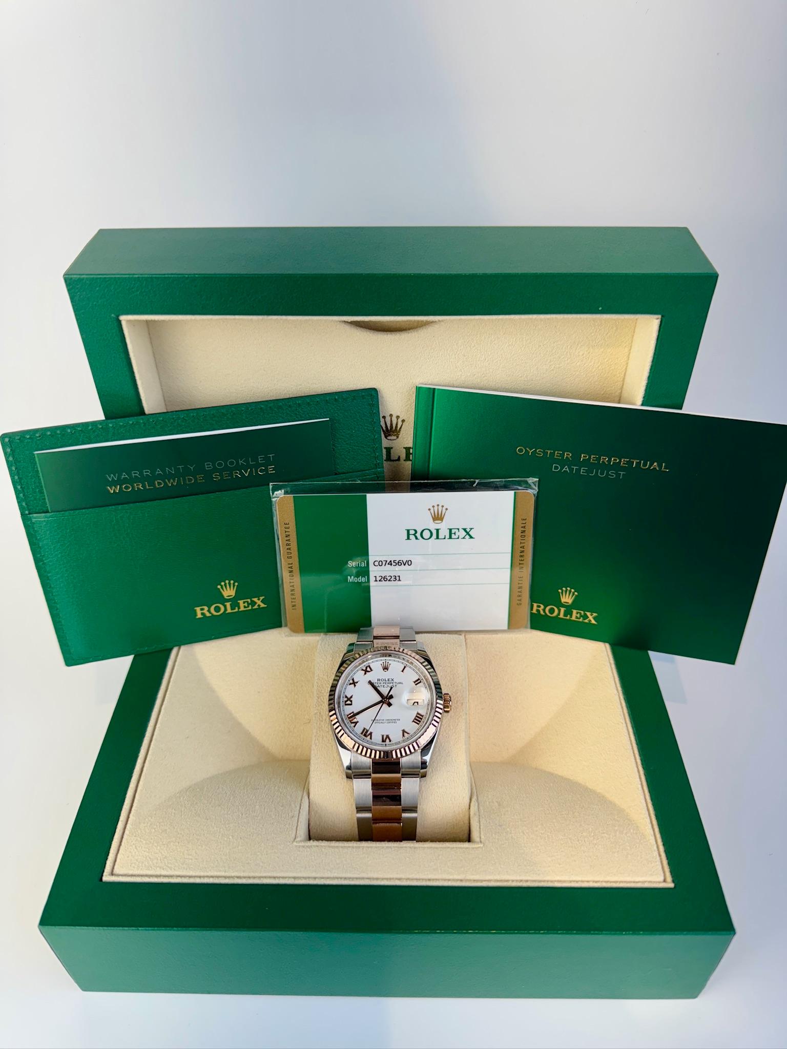 Rolex Datejust 36mm White Roman Dial Fluted RG/SS Oyster Date:2018 Style:126231 1