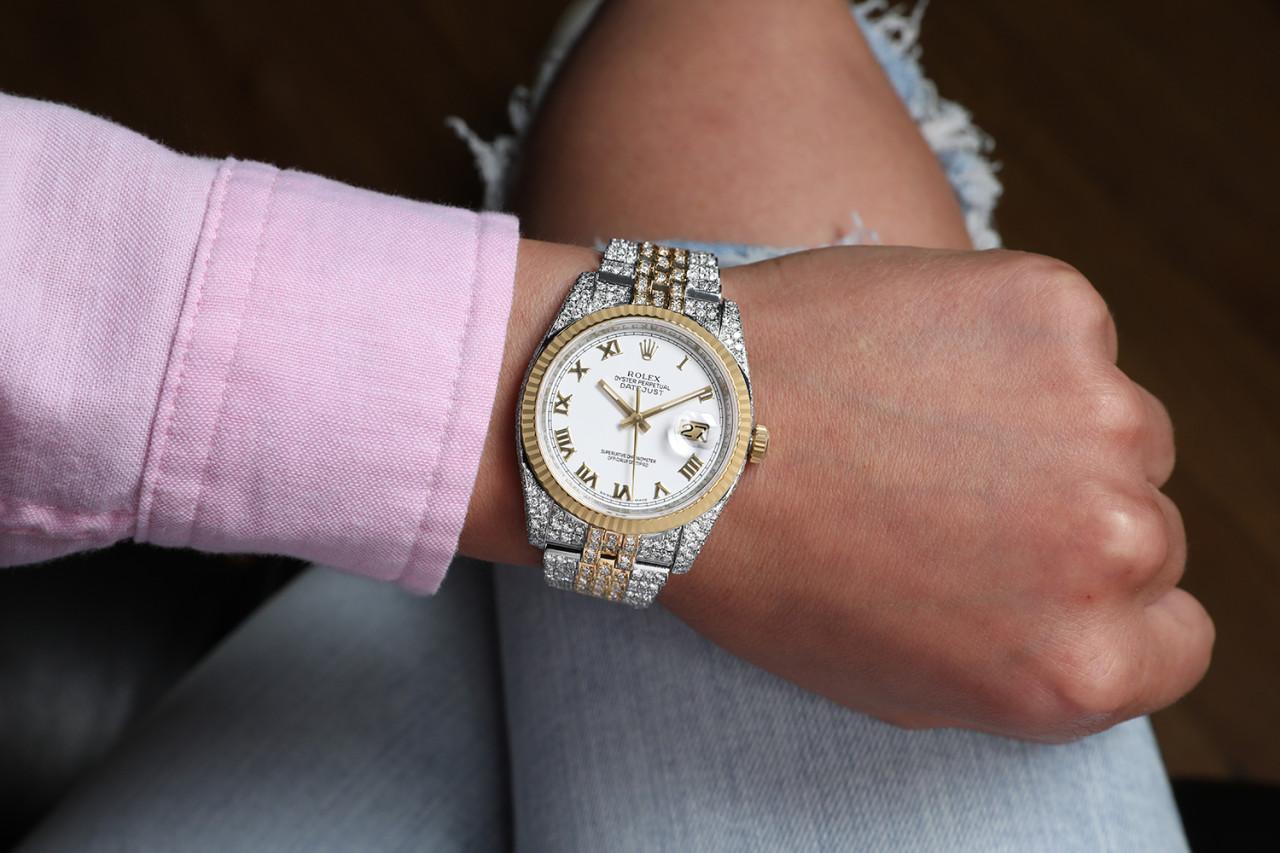 Rolex Datejust 36mm White Roman Dial Fluted Yellow Gold Bezel Iced Out Watch In Excellent Condition For Sale In New York, NY