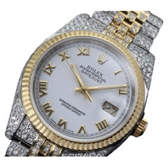 Used Rolex Datejust 36mm White Roman Dial Fluted Yellow Gold Bezel Iced Out Watch