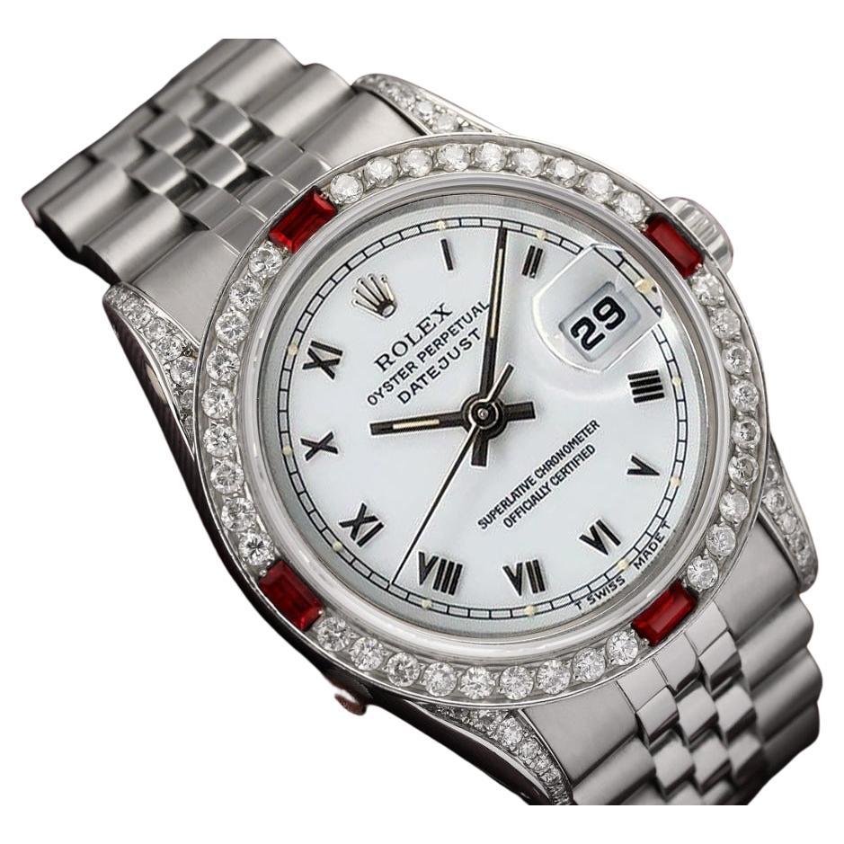 Rolex Datejust 36mm White Roman Dial with Ruby & Diamond Bezel Jubilee Band  For Sale