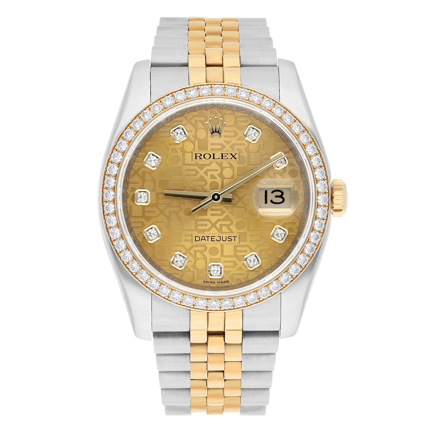 Elevate your style with this exquisite Rolex Datejust wristwatch. Crafted with a stainless steel and yellow gold bracelet, this classic timepiece boasts a factory champagne dial with diamond markers. This luxurious watch features a mechanical
