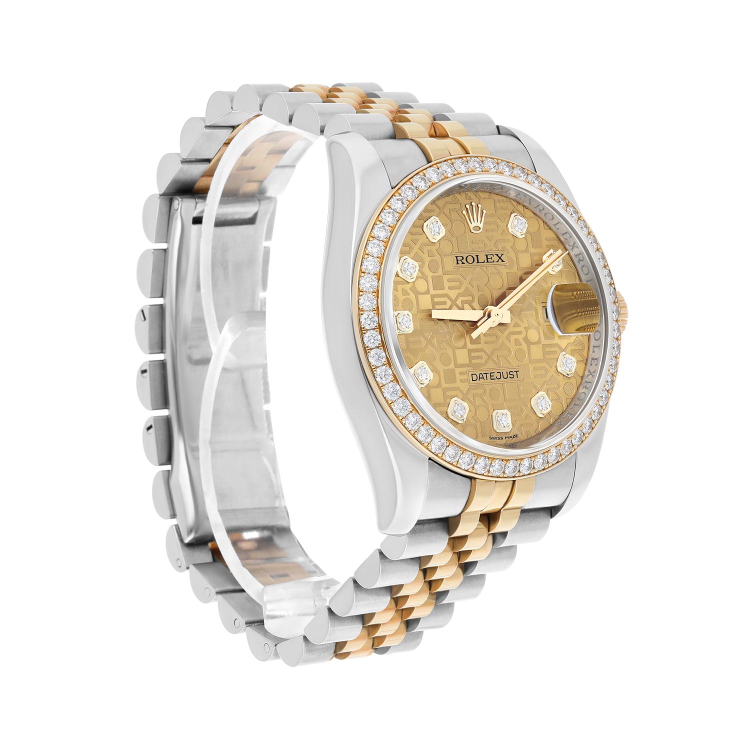 Rolex Datejust 36mm Yellow Gold & Steel Champagne Jubilee Diamond Dial 116243 In Excellent Condition For Sale In New York, NY