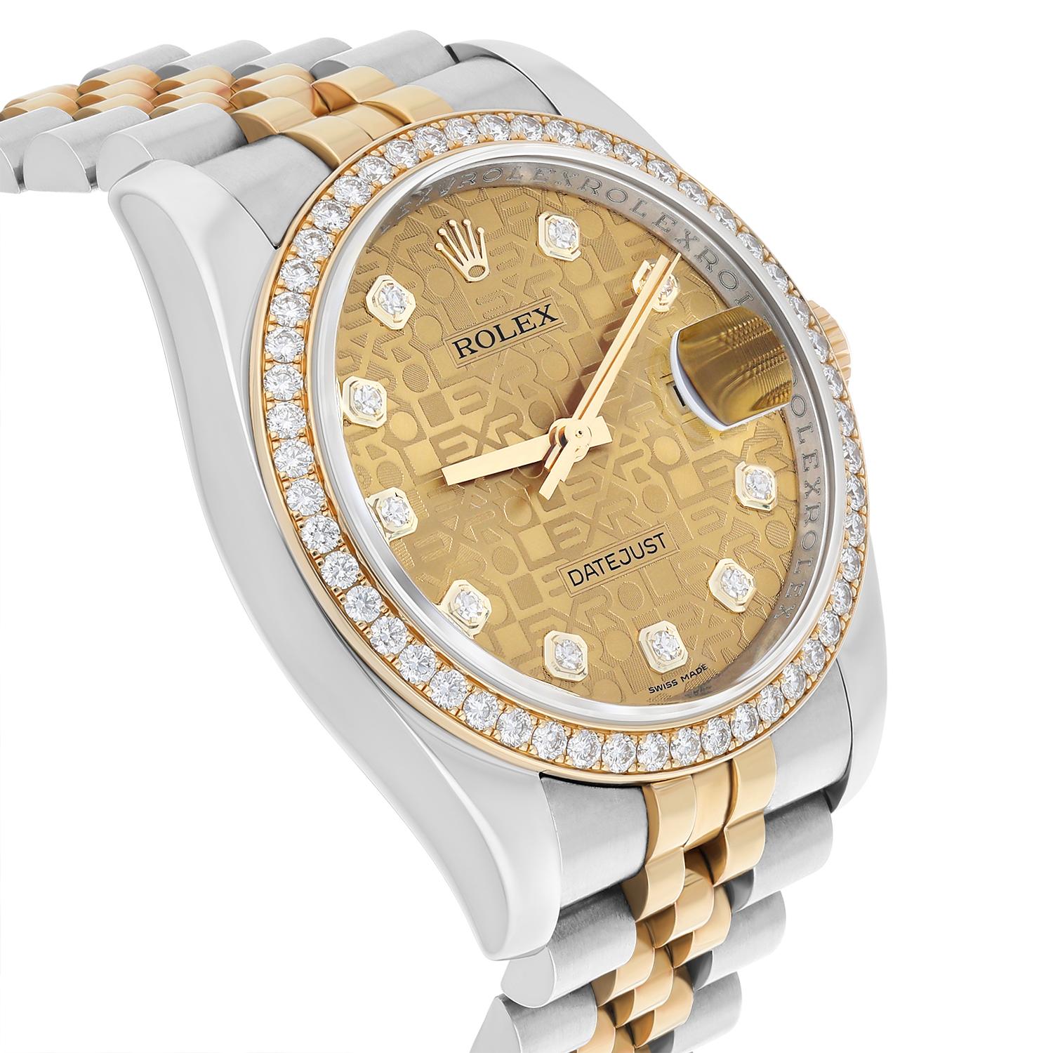 Women's or Men's Rolex Datejust 36mm Yellow Gold & Steel Champagne Jubilee Diamond Dial 116243 For Sale