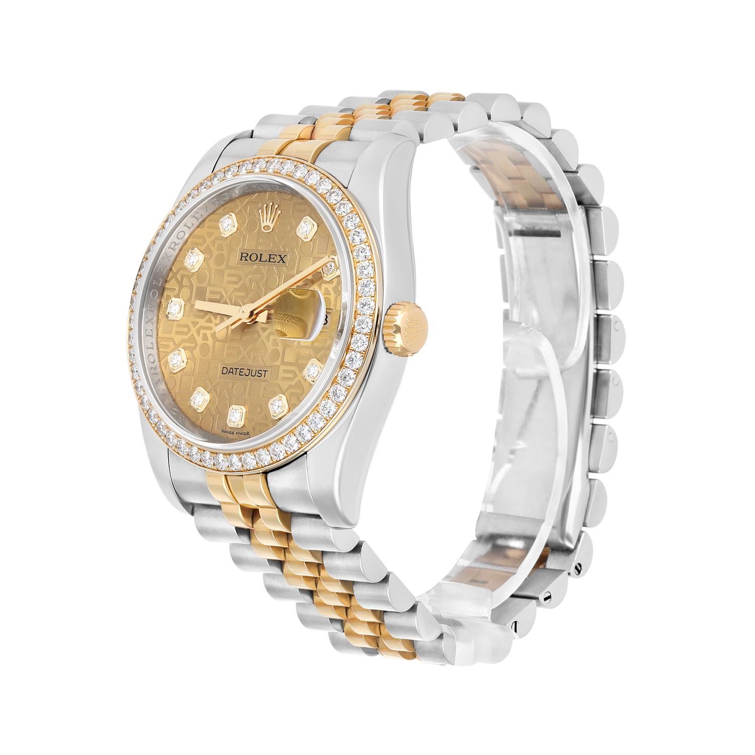 Rolex Datejust 36mm Yellow Gold & Steel Champagne Jubilee Diamond Dial 116243 For Sale 1
