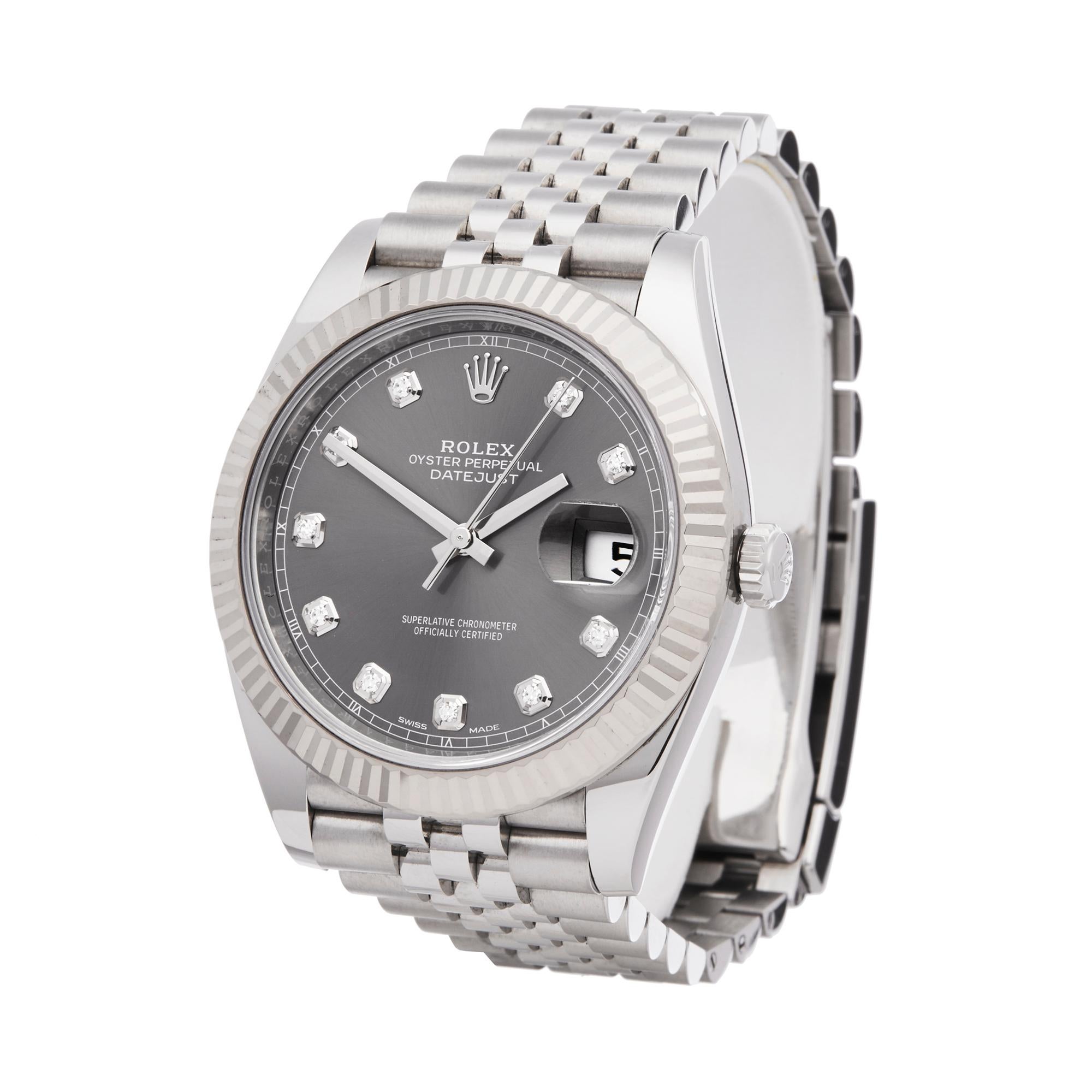 Ref: W5790
Manufacturer: Rolex
Model: Datejust
Model Ref: 126334
Age: 8th January 2018
Gender: Mens
Complete With: Box & Guarantee
Dial: Grey with Diamonds
Glass: Sapphire Crystal
Movement: Automatic
Water Resistance: To Manufacturers