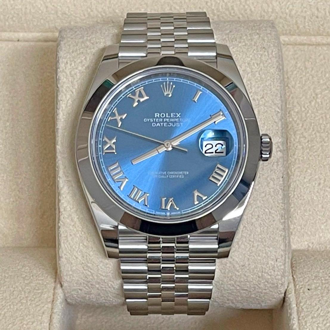 Unworn Classic watch Rolex Datejust 41, Oystersteel, Ref# 126300-0018 - luxury, elegance and practicality.

Make: Rolex
Model: Datejust 41
Reference: 126300-0018
Diameter: 41 mm
Case material: Oystersteel
Dial color: Azzurro blue
Bezel Type:
