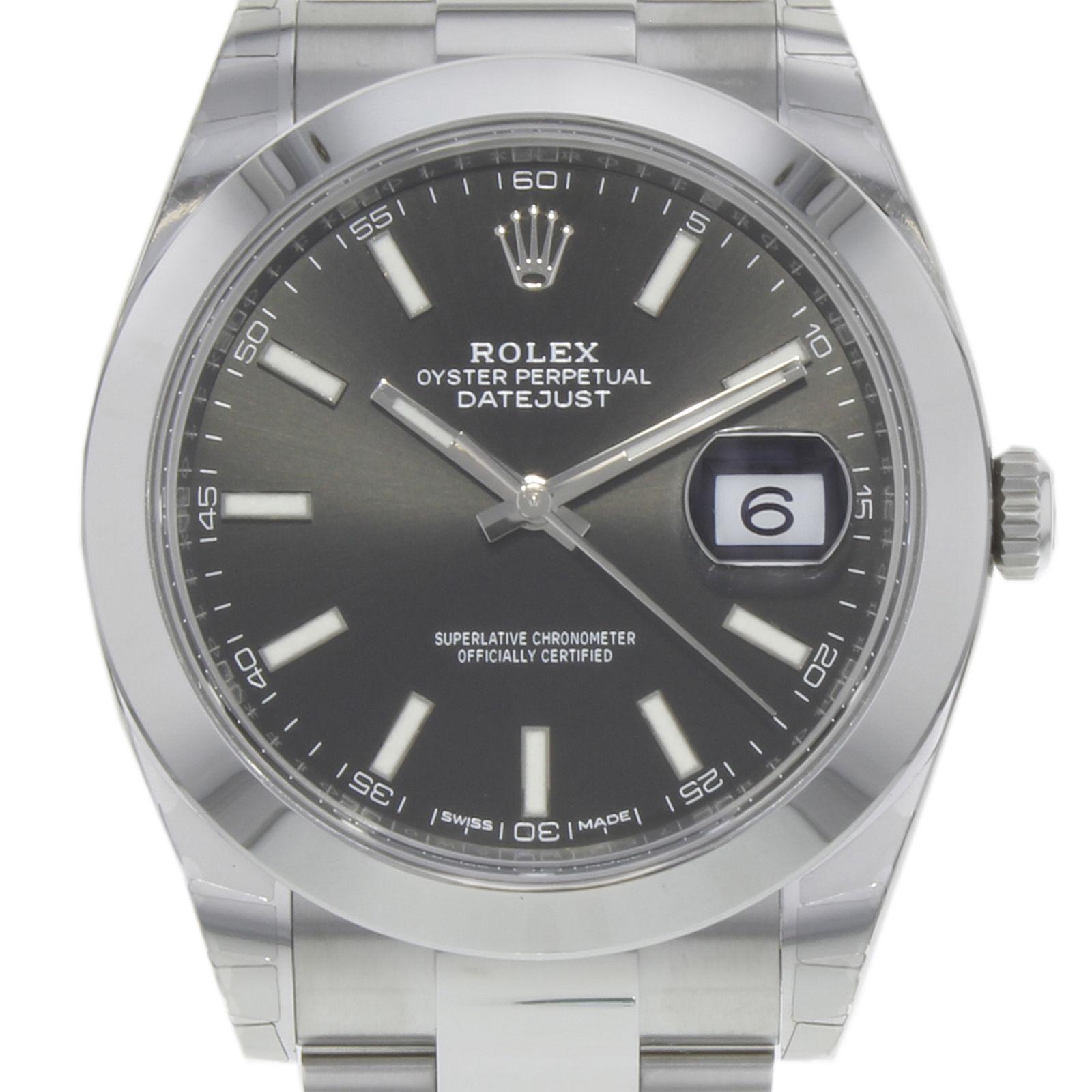 (19543)
This brand new Rolex Datejust 41 126300 bkio is a beautiful men's timepiece that is powered by an automatic movement which is cased in a stainless steel case. It has a round shape face, date dial and has hand sticks style markers. It is