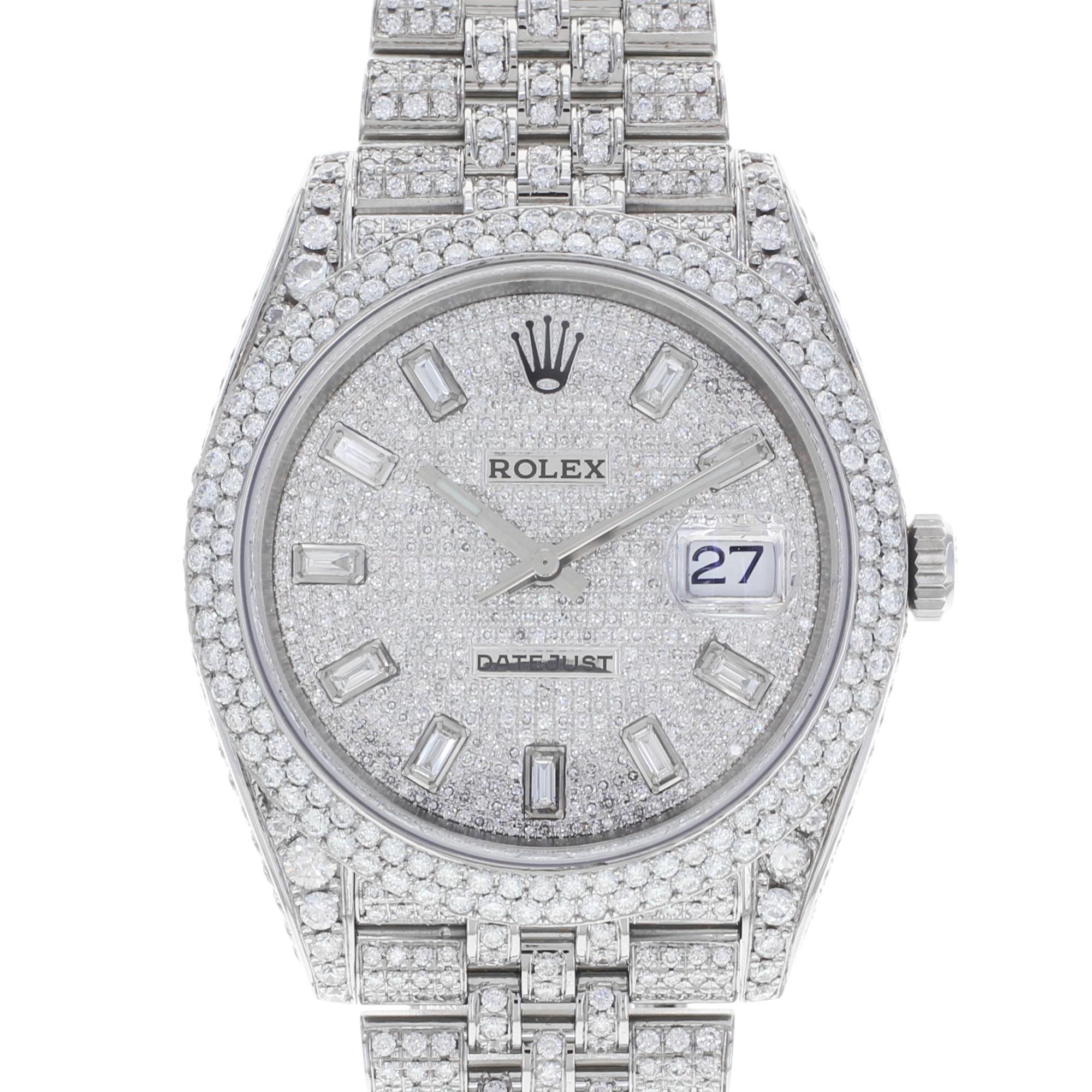 This pre-owned Rolex Datejust 41 126300  is a beautiful men's timepiece that is powered by an automatic movement which is cased in a stainless steel case. It has a round shape face, date, diamonds dial and has hand diamonds style markers. It is