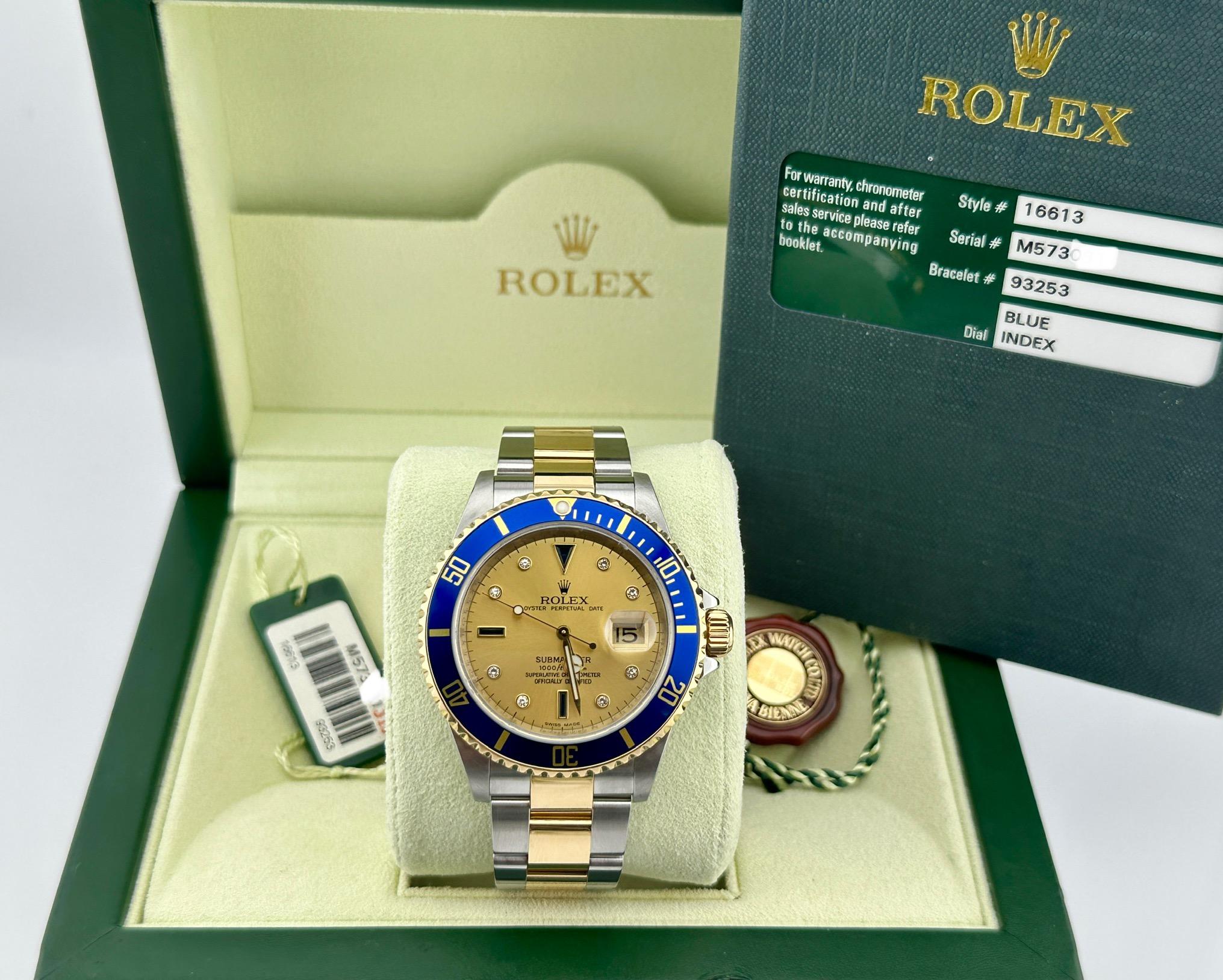 Numero di stile: 16613

Seriale: M573***

Anno: 2008

Model: Rolex Submariner 

Materiale della cassa: Acciaio inossidabile

Fascia: oro giallo 18 carati e acciaio inossidabile

Lunetta: blu

Quadrante: Quadrante Champagne Serti Diamond & Blue
