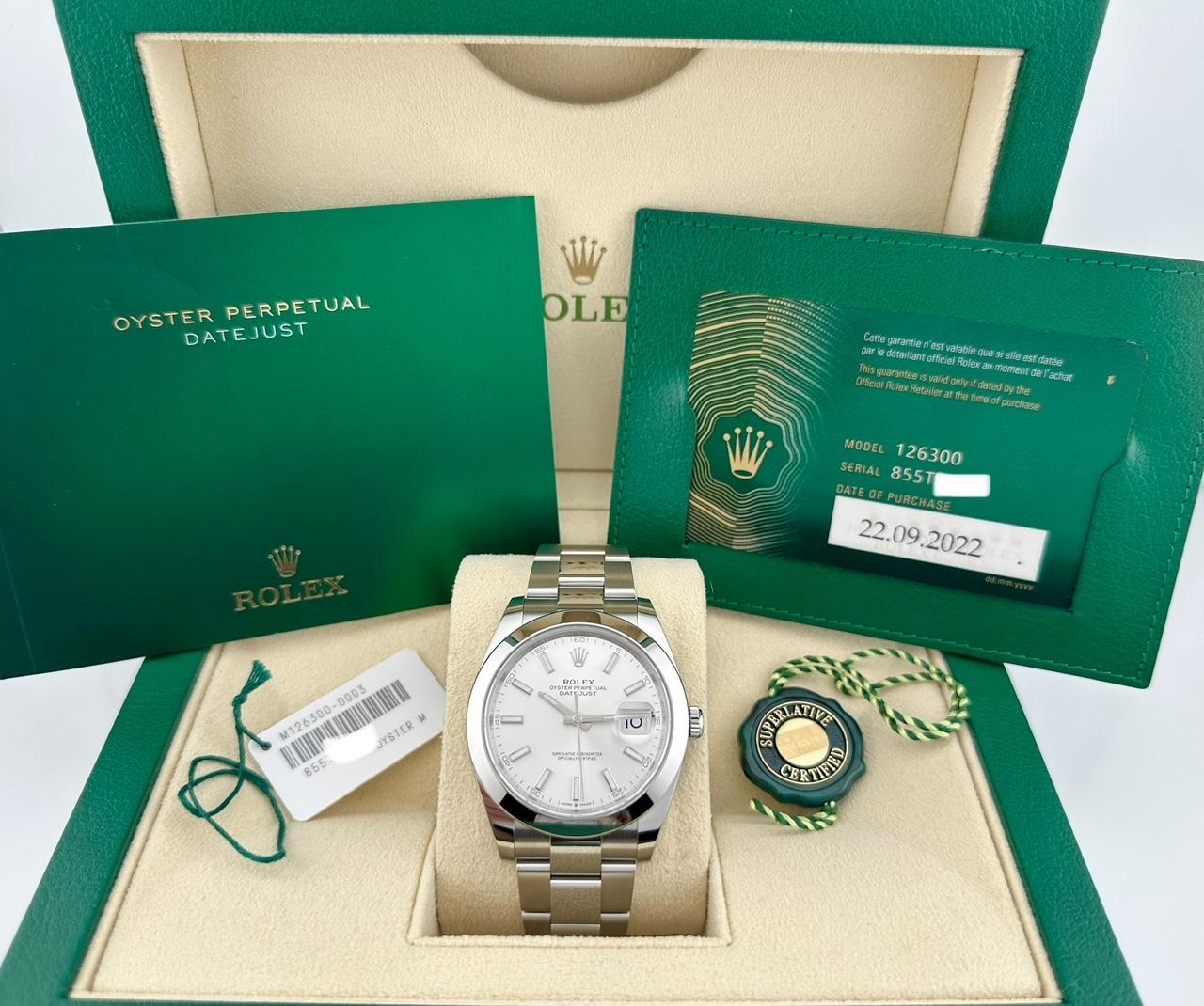 Numero di stile: 126300

Seriale: 855T1***

Anno: 2022

Model: Rolex Datejust 41

Materiale della cassa: Acciaio inossidabile 

Fascia: Acciaio inossidabile 

Lunetta: Acciaio inossidabile 

Quadrante: Quadrante Silver 

Volto: Cristallo di zaffiro 