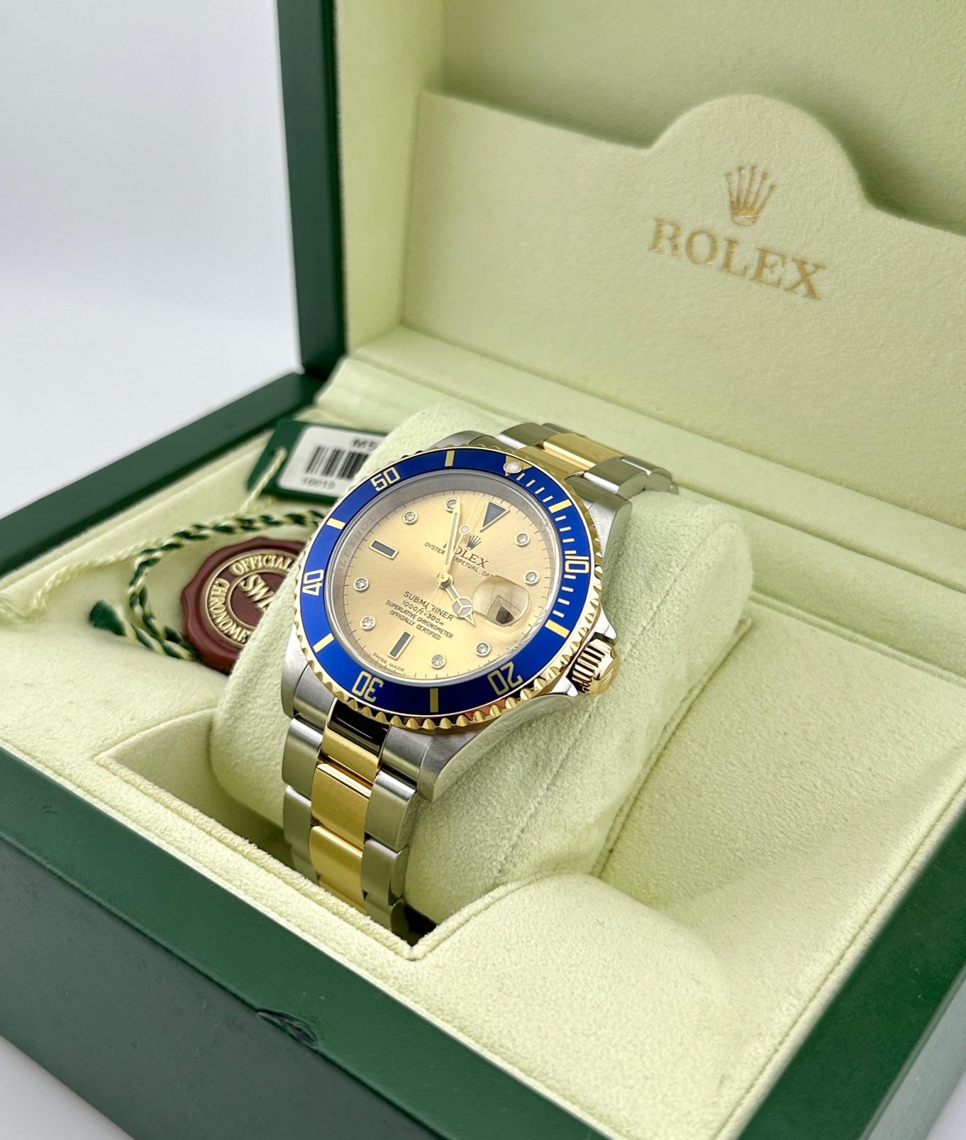 Rolex Submariner 16613 Champagne Serti Quadrante Diamante Oro 18K Acciaio Scatola Documenti In condizioni ottime in vendita a San Diego, CA