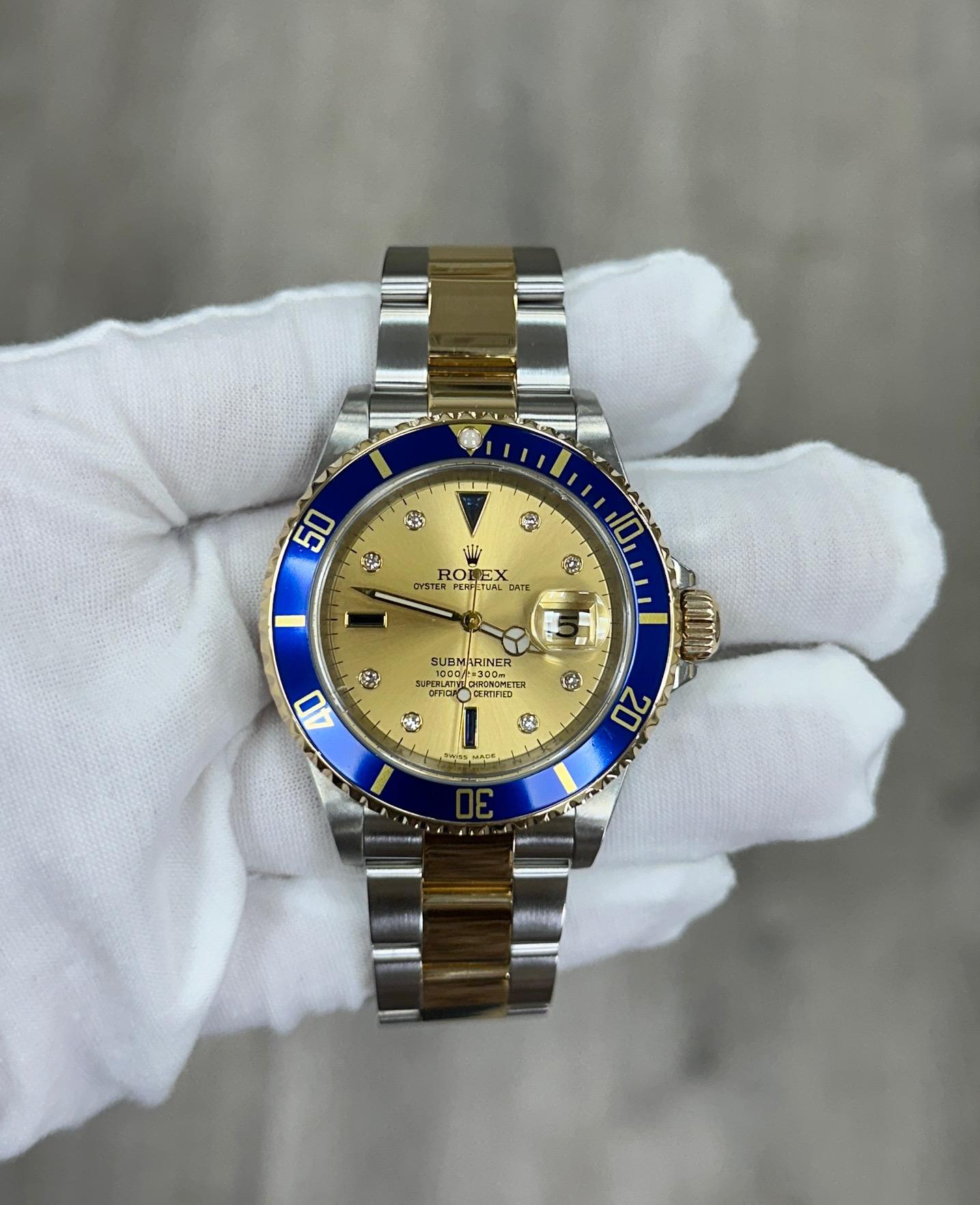 Uomo Rolex Submariner 16613 Champagne Serti Quadrante Diamante Oro 18K Acciaio Scatola Documenti in vendita