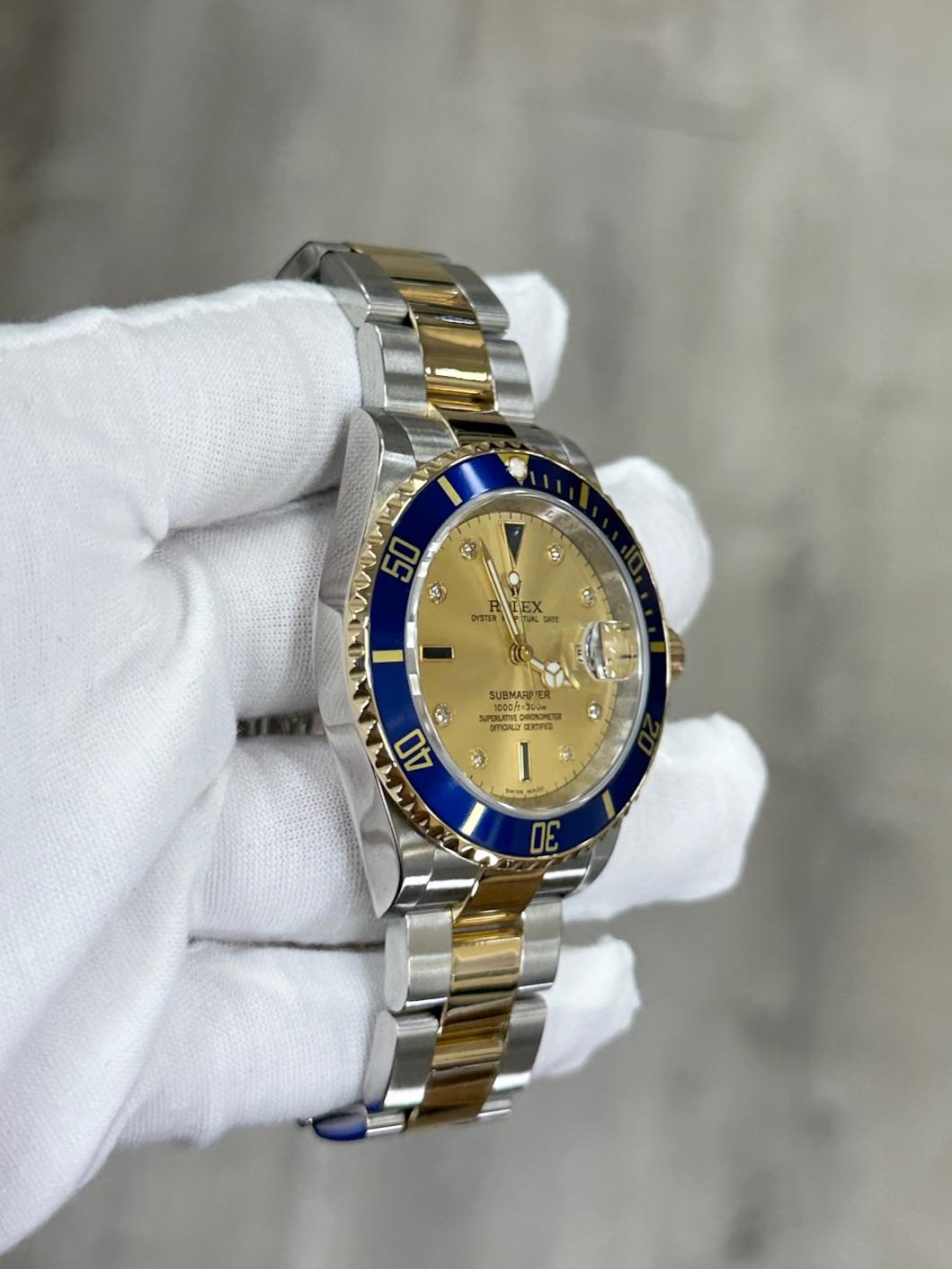 Rolex Submariner 16613 Champagne Serti Quadrante Diamante Oro 18K Acciaio Scatola Documenti in vendita 1