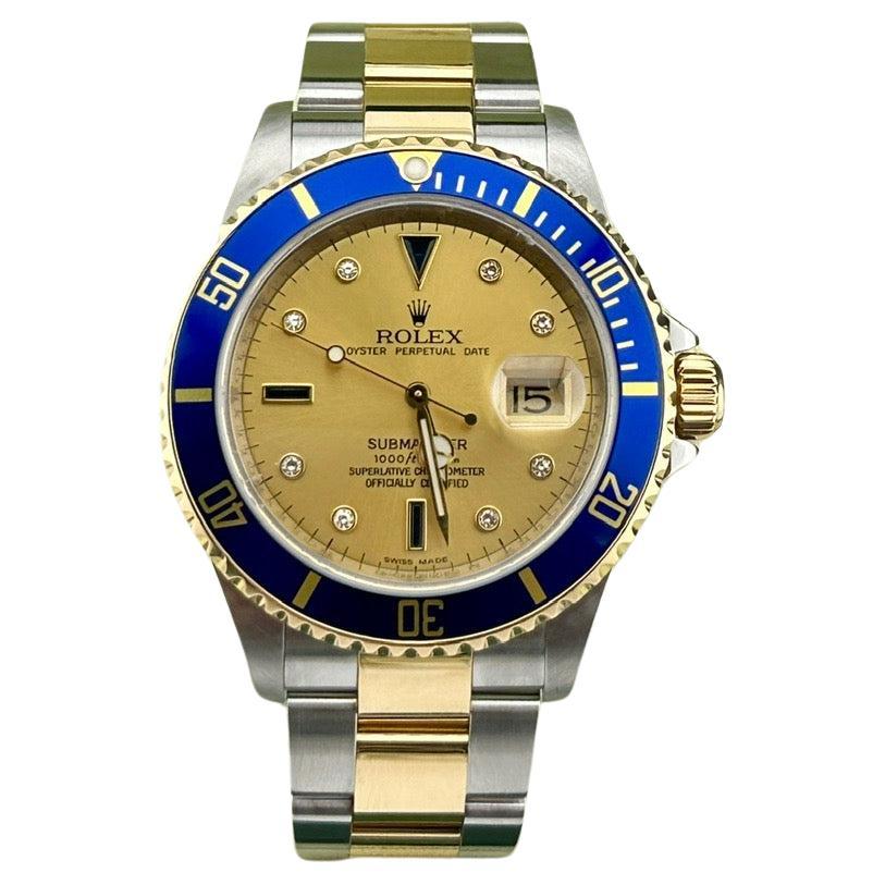 Rolex Submariner 16613 Champagne Serti Diamond Dial 18K Gold Steel Box Papers