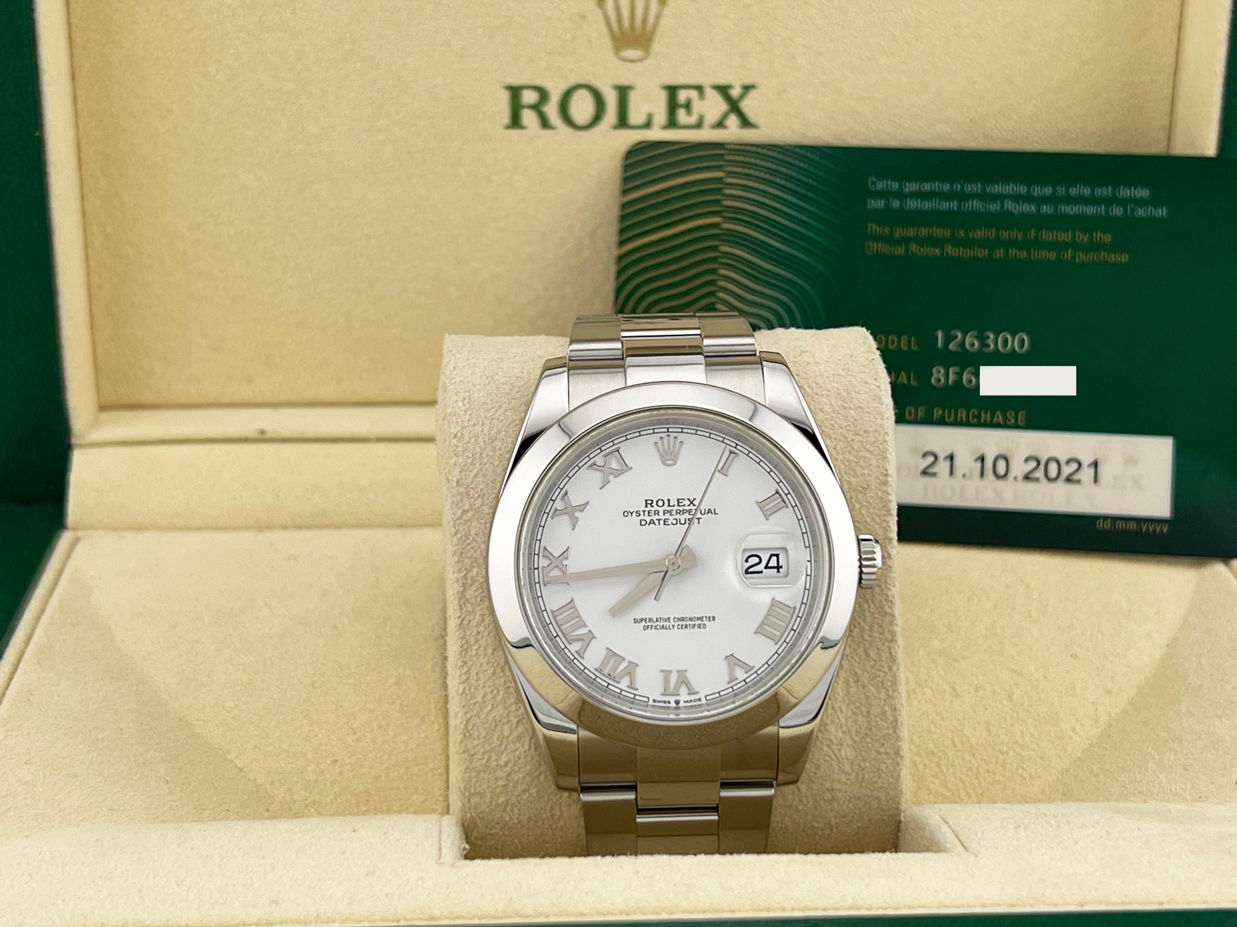 Style Number: 126300

Serial: 8F666***

Year: 2021

Model: Rolex Datejust 41

Case Material: Stainless Steel 

Band: Stainless Steel 

Bezel: Stainless Steel Smooth Bezel 

Dial: White Dial 

Face: Sapphire Crystal 

Case Size: 41mm
