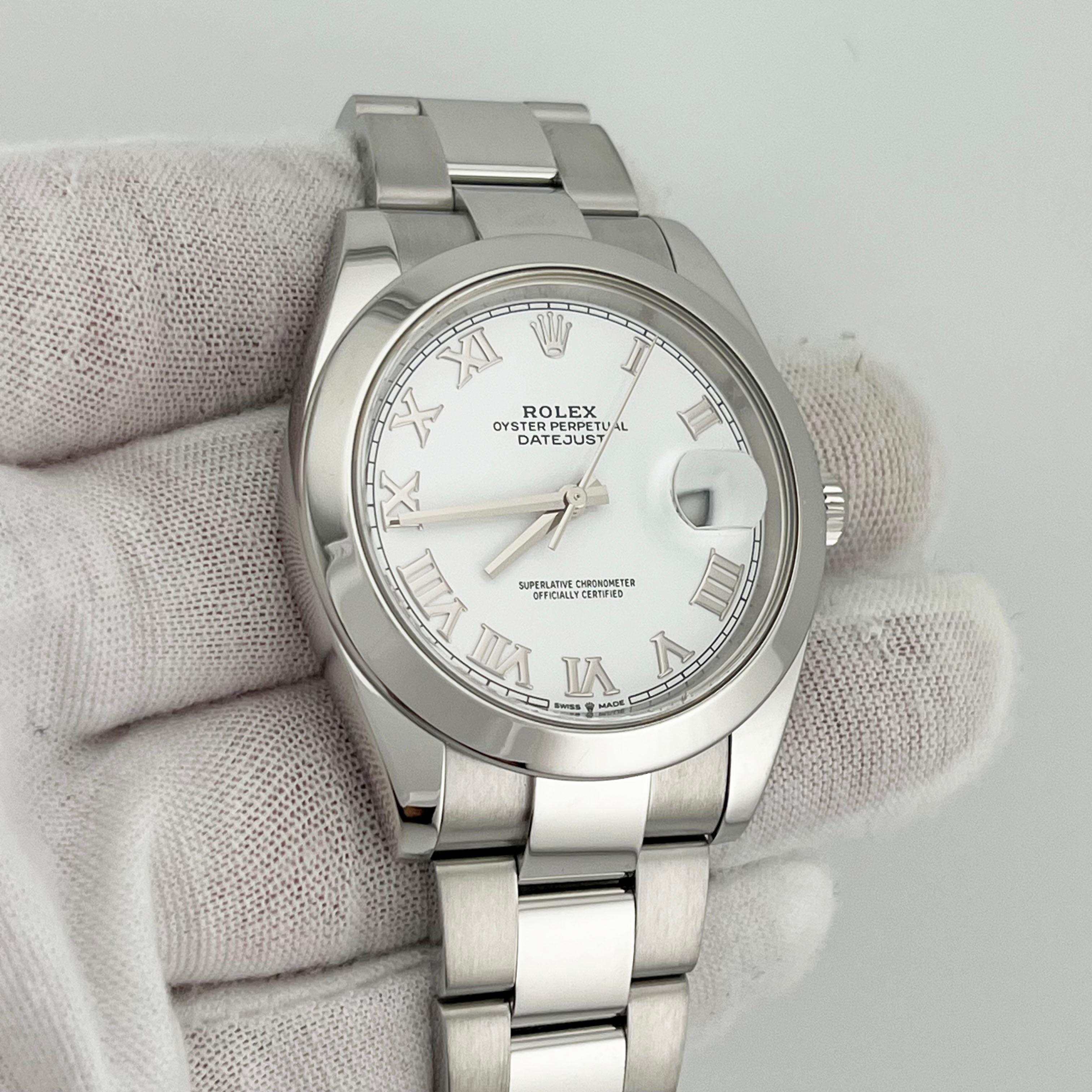 Rolex Datejust 41 126300 White Roman Dial Stainless Steel Box Paper 2021 In Excellent Condition For Sale In San Diego, CA
